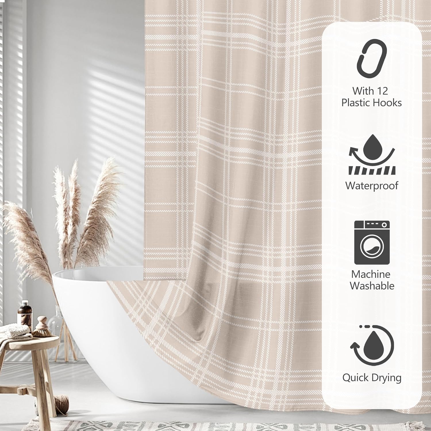 Tititex Classic Scottish Plaid 140gsm Faux Linen Fabric Shower Curtain, Cream Tartan Grid Shower Curtain Sets Decoration 72x72 Inch with Hooks