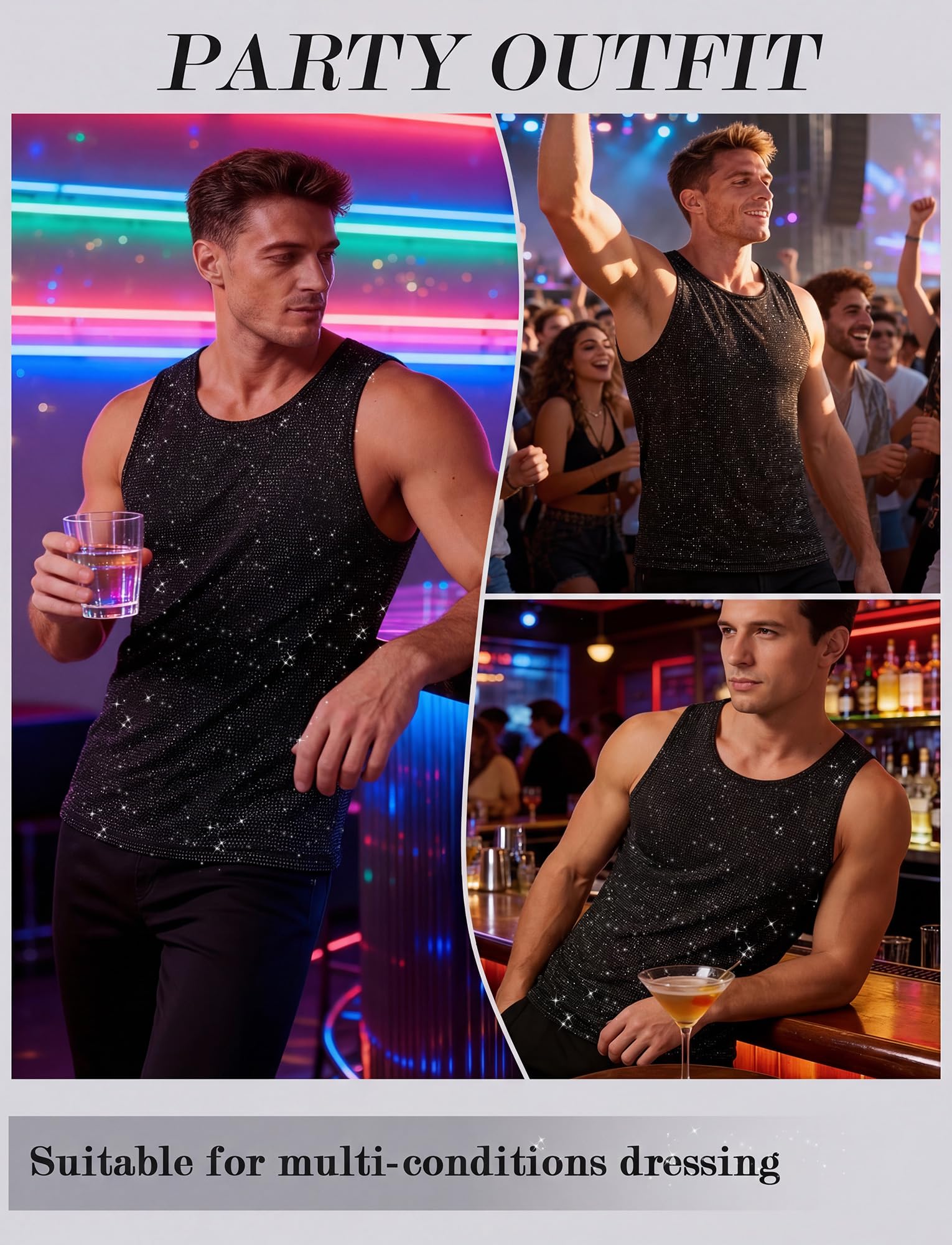 FEOYA Débardeur à paillettes pour homme - Avec strass métalliques - Col rond - Sans manches - Pour soirée discothèque, discothèque, discothèque - Pour l'été