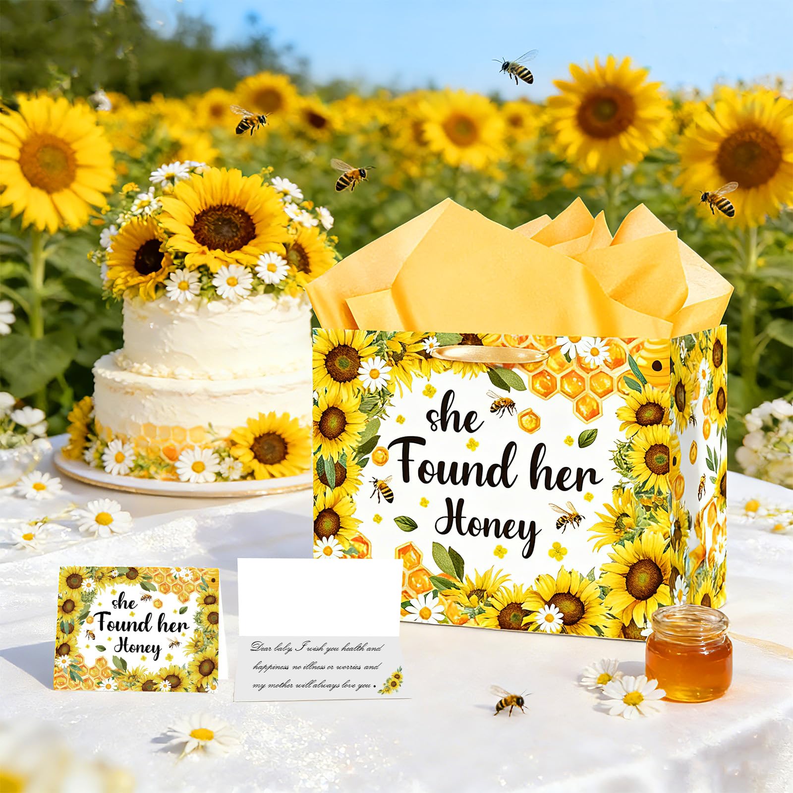 Woosytoo Bridal Shower Gift Bag Bee Bridal Shower Decorations She Found Her Honey Gift Wrapping Paper Bag with Greeting Card or Engagement Bride to Be Wedding Party, Bachelorette Party Supplies
