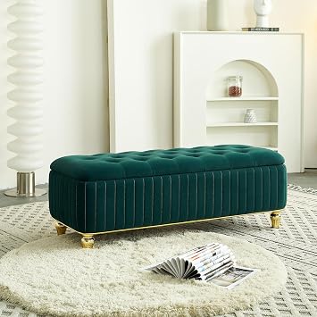 extrasleep Ottoman with Storage and Safety Hinge, Large Upholstered Bench with Gold Embroidery, Green Entryway Bench for Bedroom, Velvet Upholstered Storage Ottoman, 300LB Capacity, Green