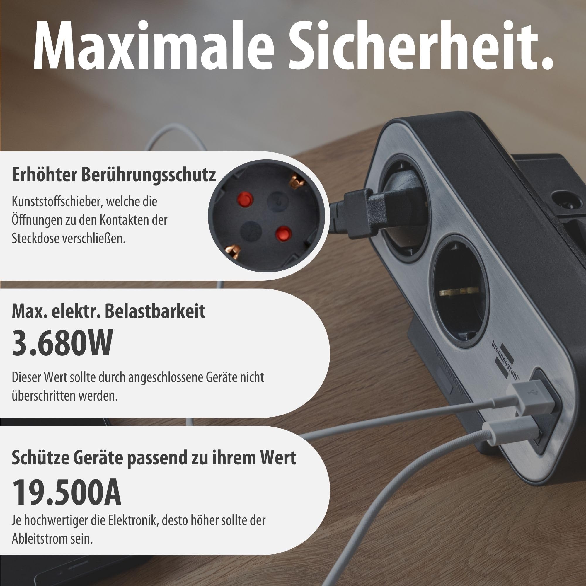 brennenstuhl®Estilo Duplex Tischsteckdosenleiste mit Überspannungsschutz | Mit Schalter, USB C Power Delivery, 1x USB C und 1x USB A, 9x Schutzkontakt-Steckdosen, 2m, silber/schwarz