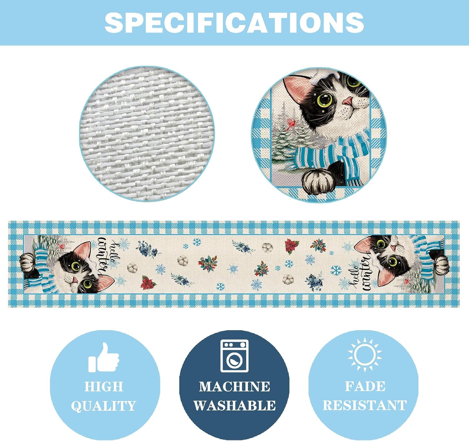 4 Pcs Black Cat Seasonal Table Runners 72 Inches Long, Cat Fall Decorations for Home, Winter Burlap Table Runners, Spring Summer Cute Kitten Table Decor for Farmhouse Garden Party Supplies