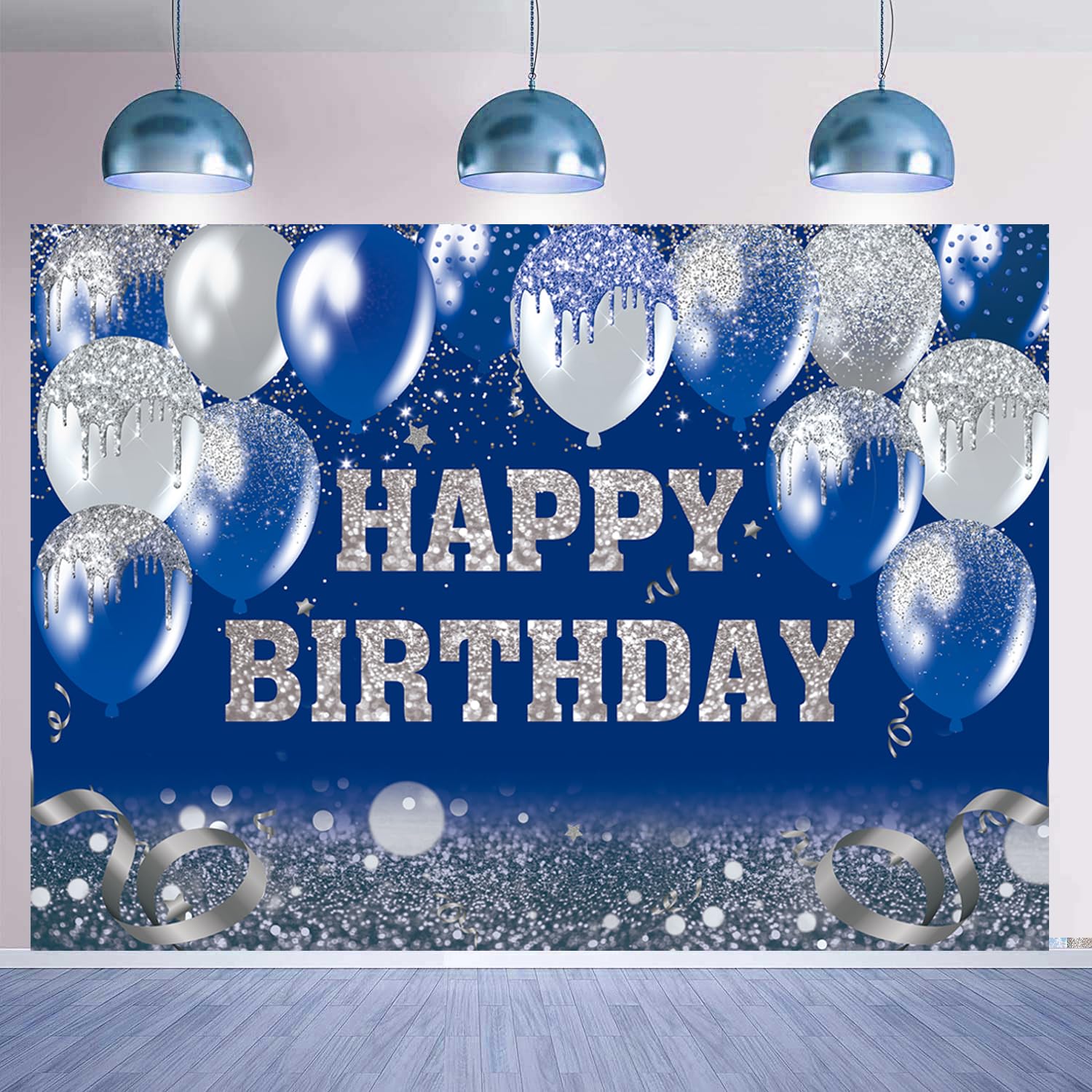Navy Blue Happy Birthday Backdrop Silver Glitter Balloon Bokeh Birthday Photography Background for Women Men Children Birthday Party Decoration Banner