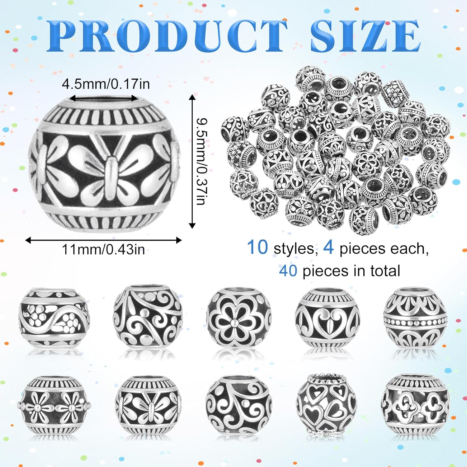 40 PCS Silver Spacer Beads for Jewelry Making, Alloy Metal Spacers Charms Bead Large Decorative Jewelry Making Beads with 4.5mm Hole for DIY Bracelet Necklace Crafts - Image 3