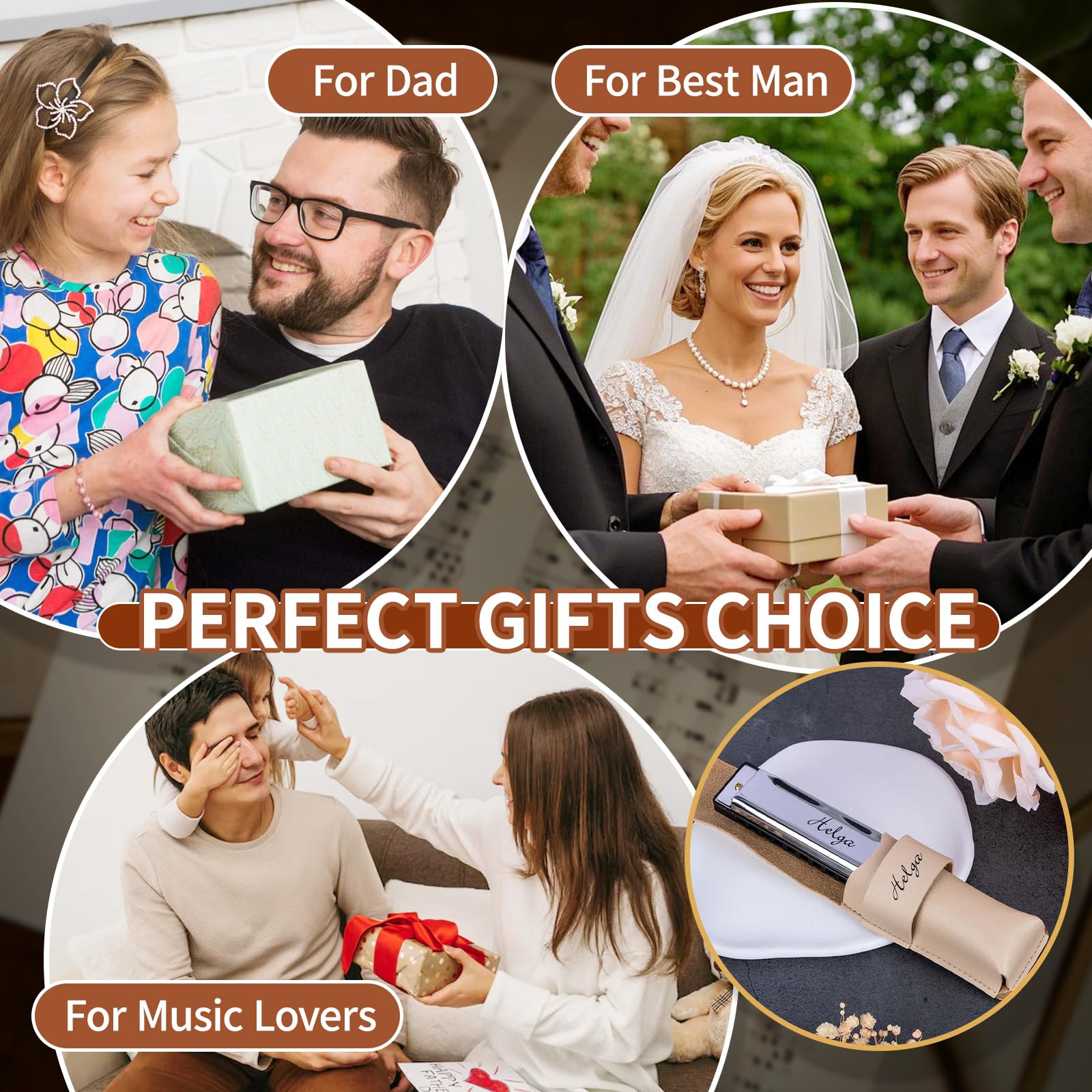 Armónica personalizada UIDMEN con bolsa de cuero PU, armónica blues grabado personalizado para niños, adolescentes, estudiantes, regalos del día del padre, regalos para amantes de la música