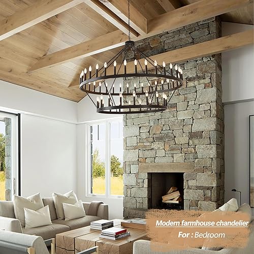 Miniatura 9 de Wagon Wheel - Candelabro de 6 luces para comedor lámpara de madera redonda con pantalla de cristal lámpara de techo colgante rústica para sala de