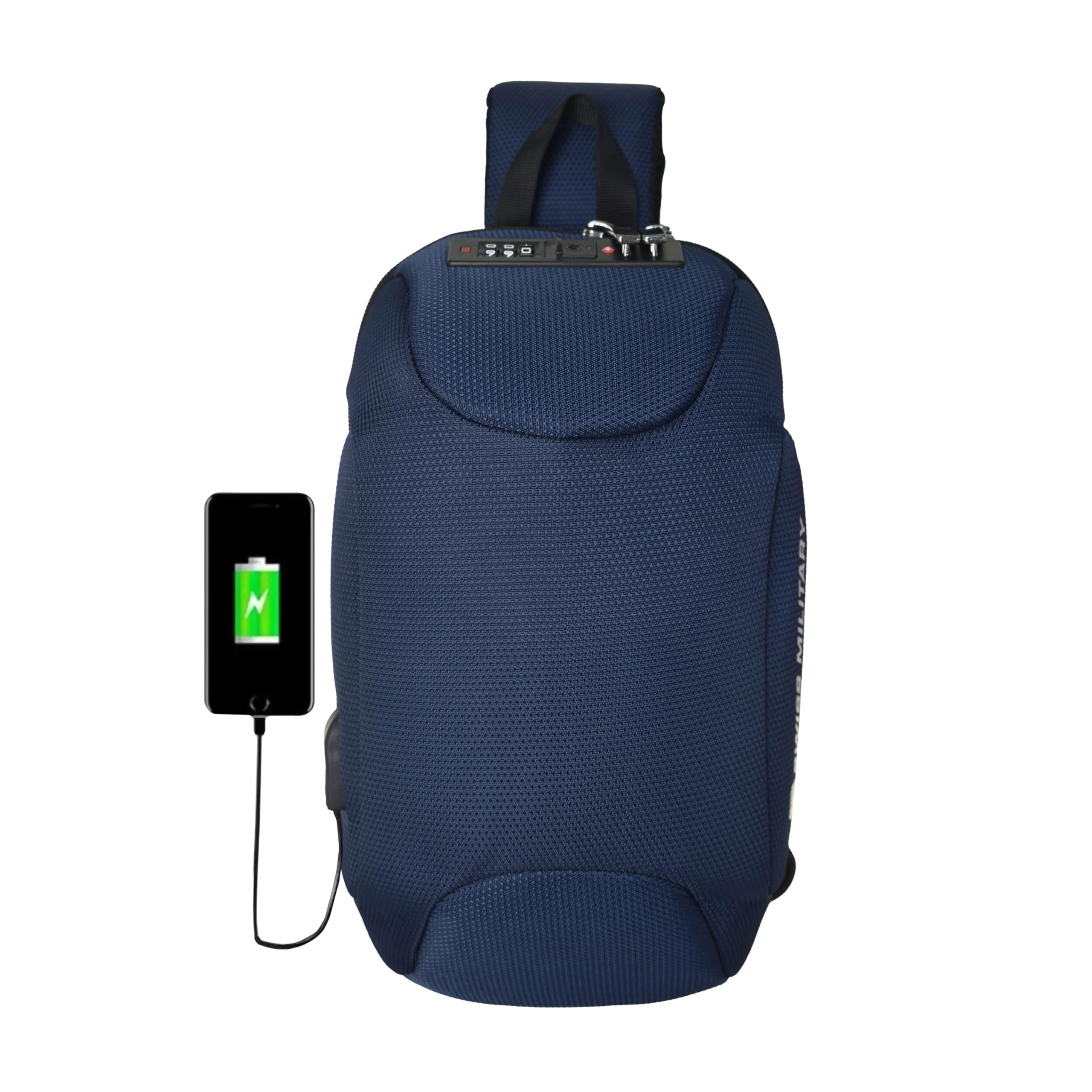 Swiss Military Beast Cross Body Bag 7L Anti-Theft, USB Charging Port, 3-Dial Lock, EVA Moulded Shell, Organizer & Card Pocket, Quick Access Pocket, Adjustable Chest Strap Blue Color for Men