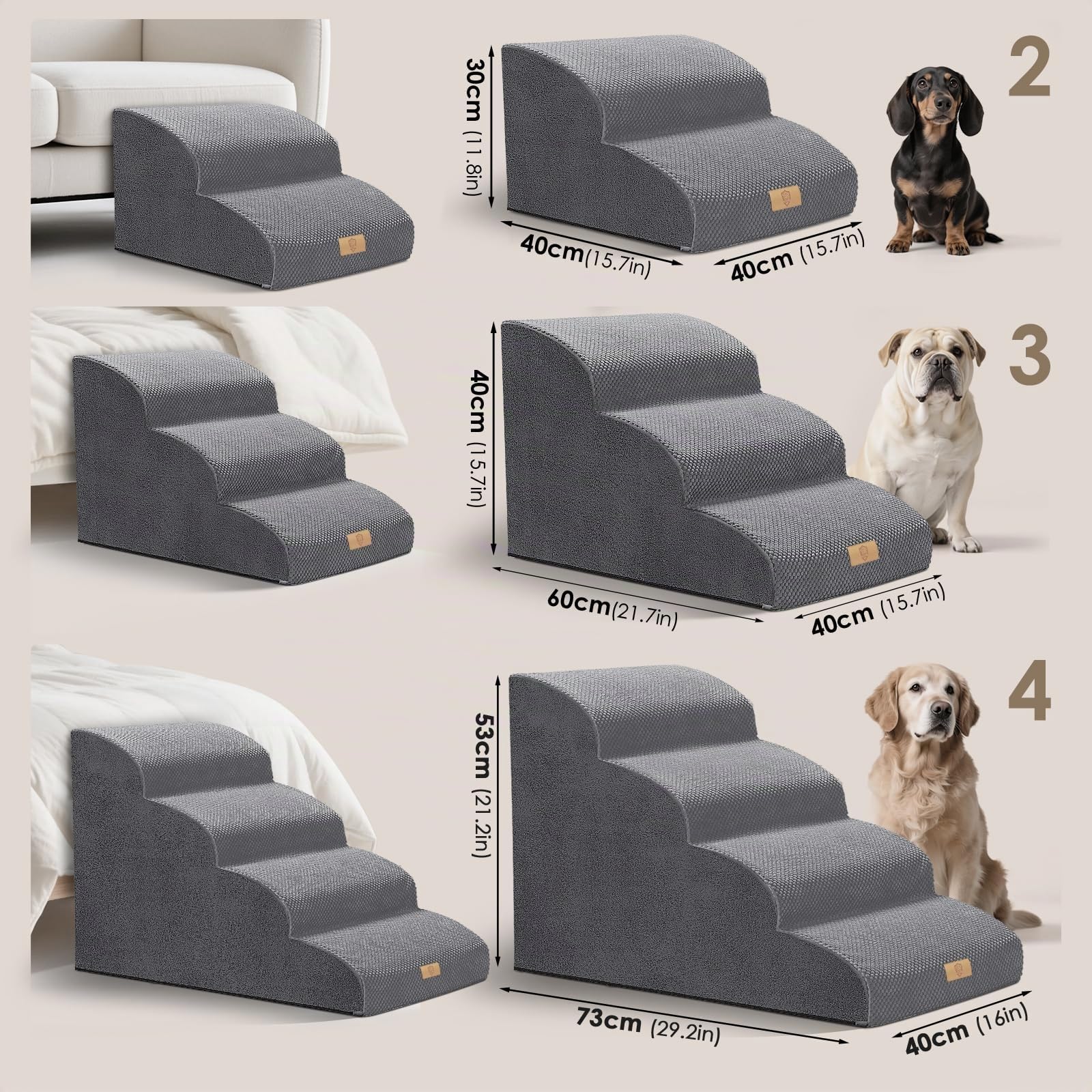 Hundetreppe 4 Stufen, rutschfest Hundetreppe für Kleine Hunde aus Hochdichtem Schaumstoff, Haustiertreppe mit Griff & Aufbewahrungstasche, 50 cm Hoch Hunderampe für Bett & Sofa, Grau