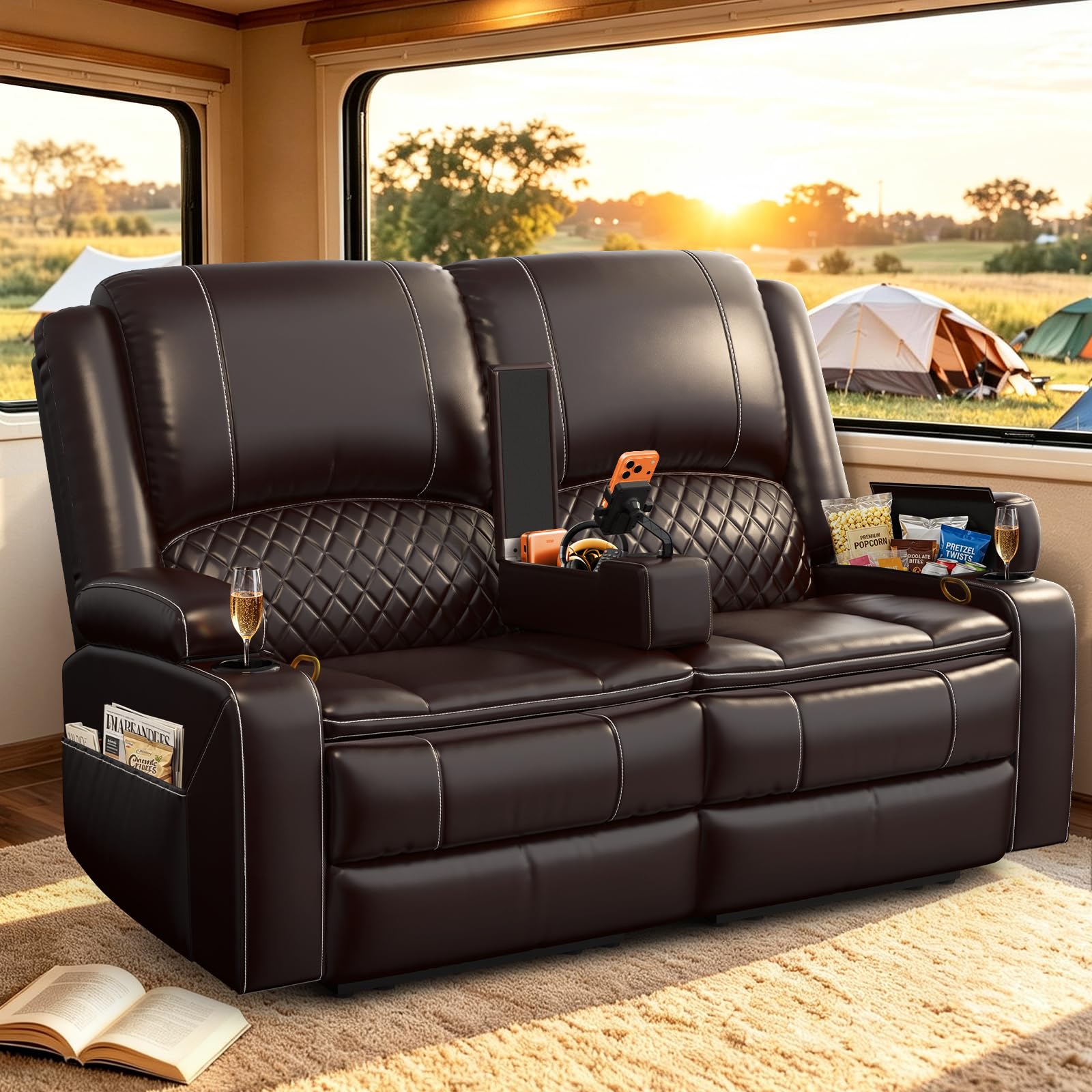 Yolsali Loveseat Recliner Sofa RV Wall Hugger PU Brown