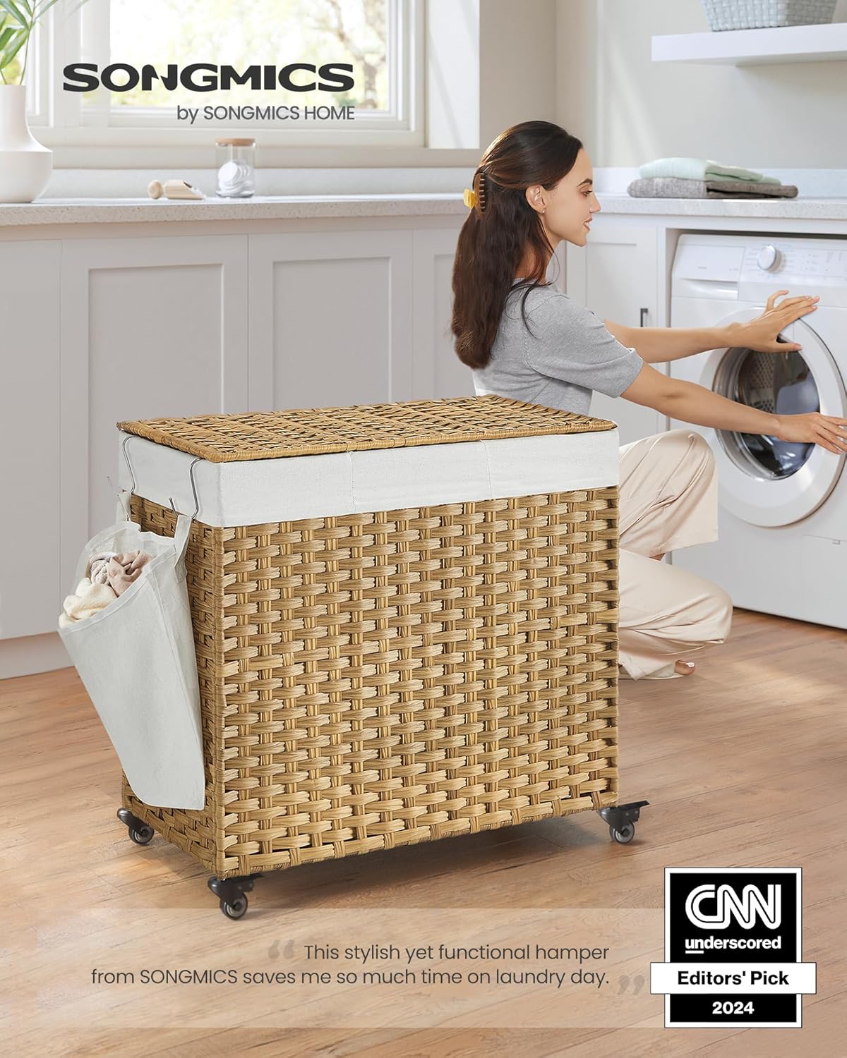 Natural Woven 3-Section Laundry Hamper with Wheels and Lid