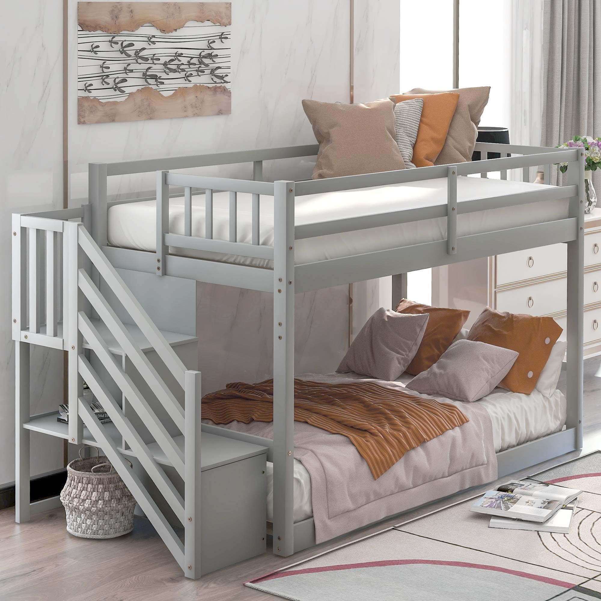 MERITLINE Low Bunk Beds Twin Over Twin Size, Wood Bunk Beds
