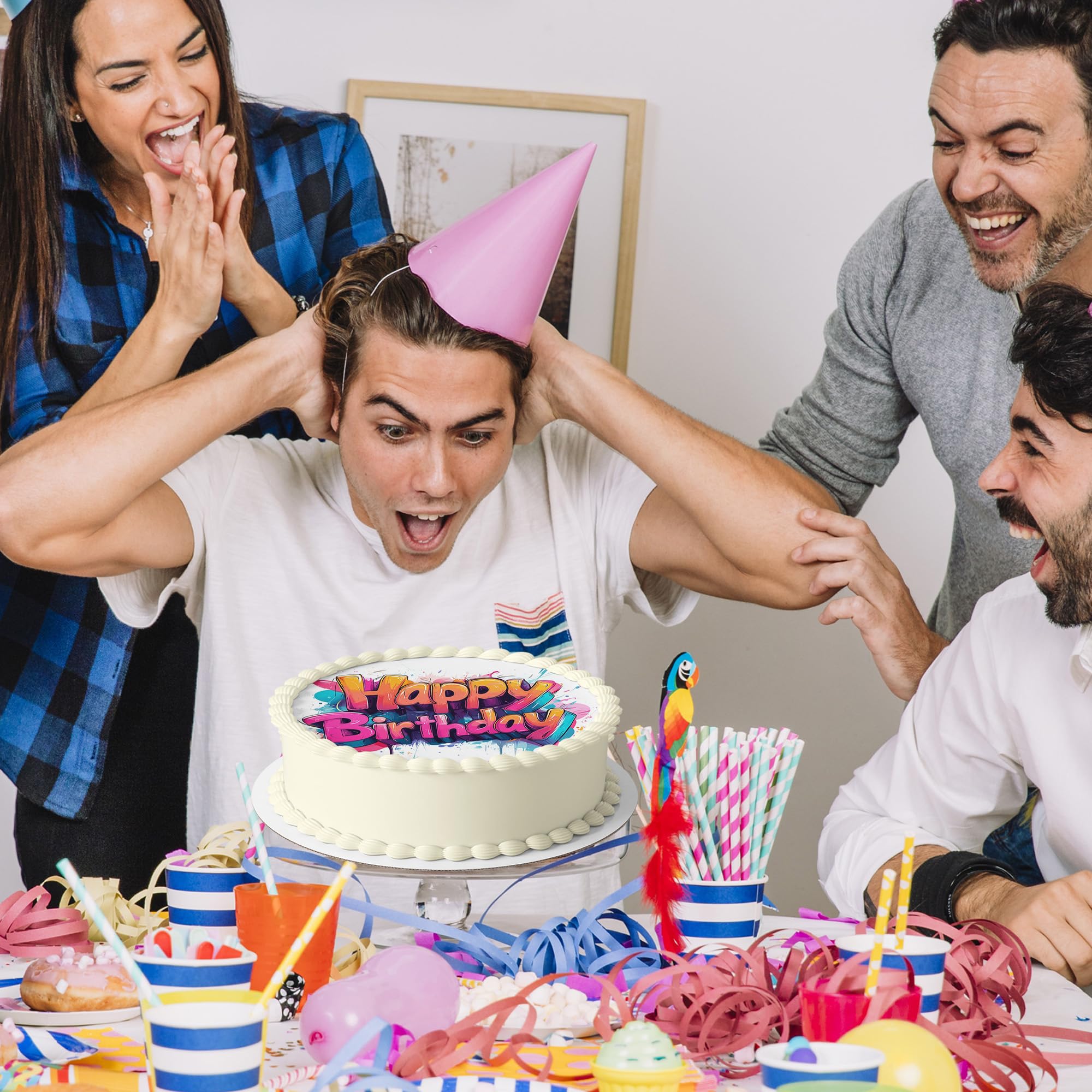 J&M DECO Opłatek na tort Happy Birthday Ø20 cm – jadalna dekoracja urodzinowa z napisem – topper urodzinowy dla dzieci i dorosłych – bezglutenowy i wegański