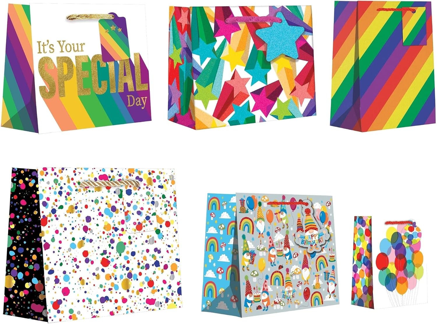 Jillson Roberts All Occasion Gift Bags, Everyday Totes, Assorted Sizes Rainbow Birthday Gift Bags (6 Pack) for Birthday, Graduation, Baby Shower, Wedding, Bridal Shower, Father’s Day, Mother’s Day