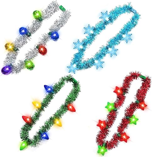 Paquete de 4 collares iluminados para Año Nuevo, 6 modos de iluminación, suministros de fiesta de Año Nuevo, guirnalda de oropel luz de Navidad,