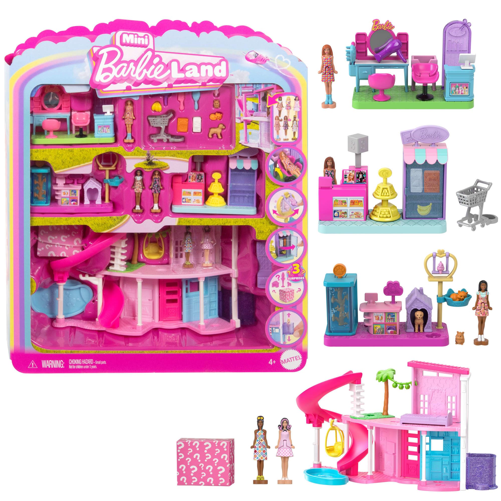 Barbie Coffret Maison de Rêve 4-en-1 Mini BarbieLand avec Maison de Rêve et 3 Autres Coffrets thématiques, 4 poupées de 4 cm, mobilier et Accessoires, JGL31