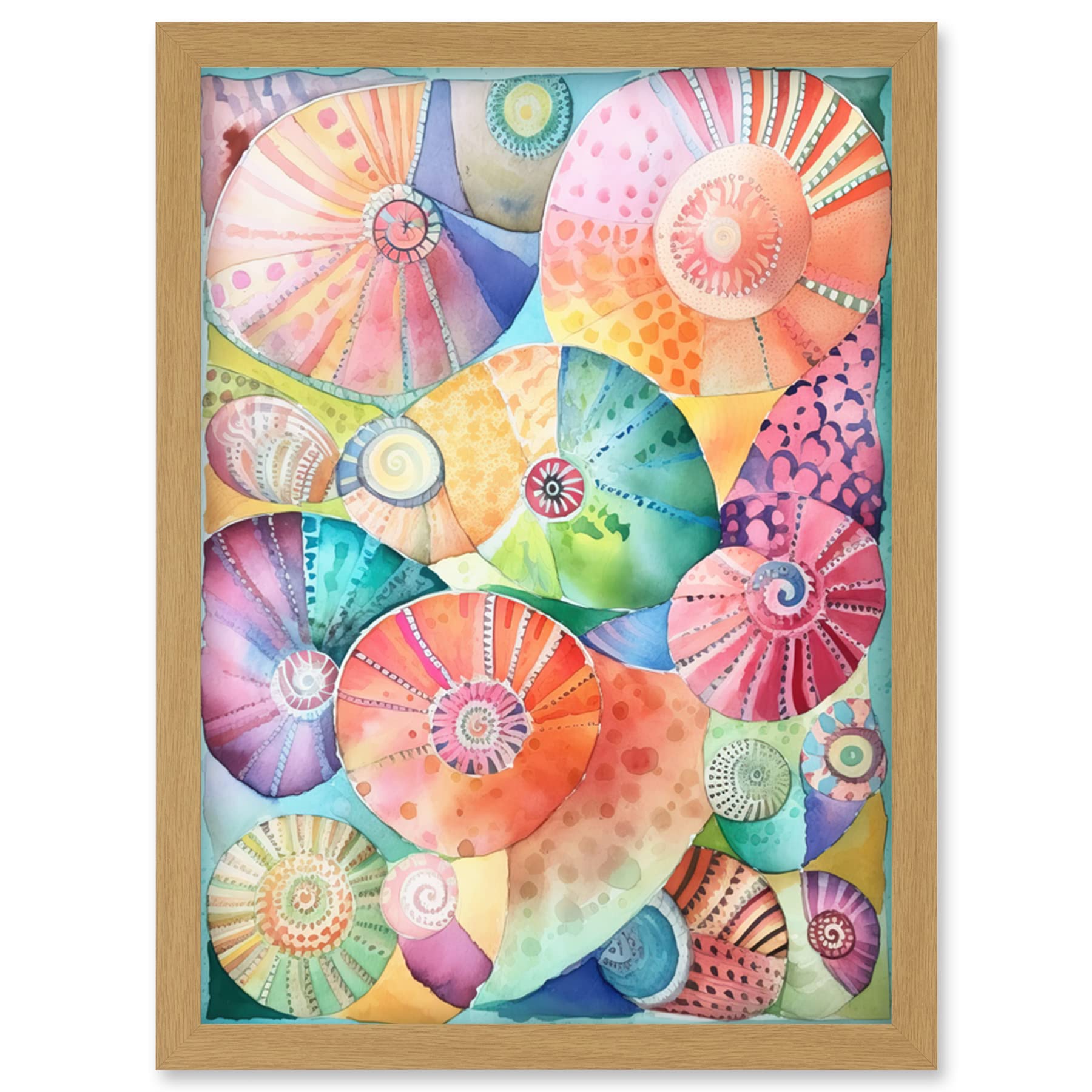 Artery8 Pastel Colour Seashells Folk Art Artwork Framed Wall Art Print A4