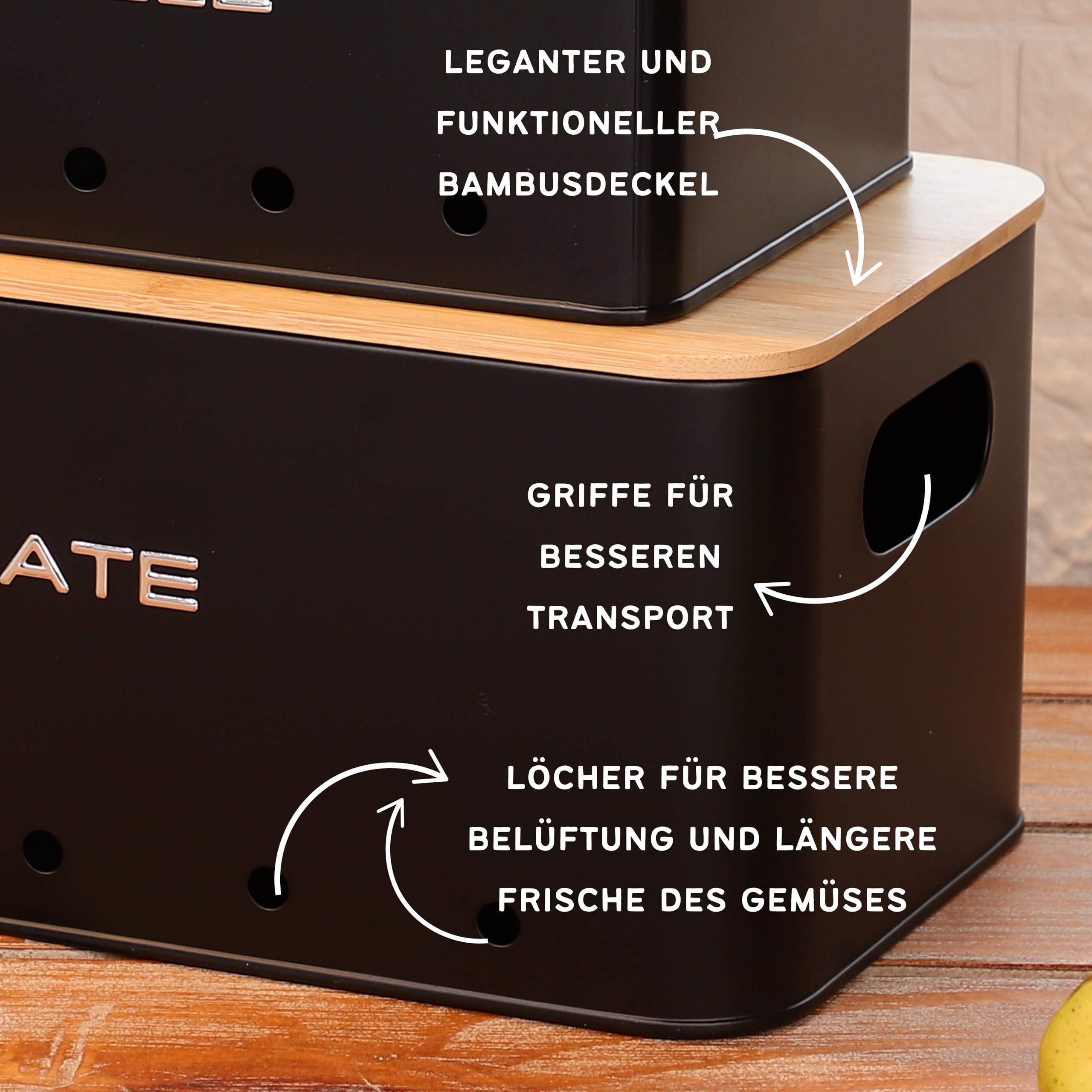 kartoffel aufbewahrungsbox - Set 3 aufbewahrung kartoffeln zwiebeln knoblauch - gemüse aufbewahrung mit kleinen lüftungslöcherne, um die luftzirkulation zu gewährleisten - Mattschwarz