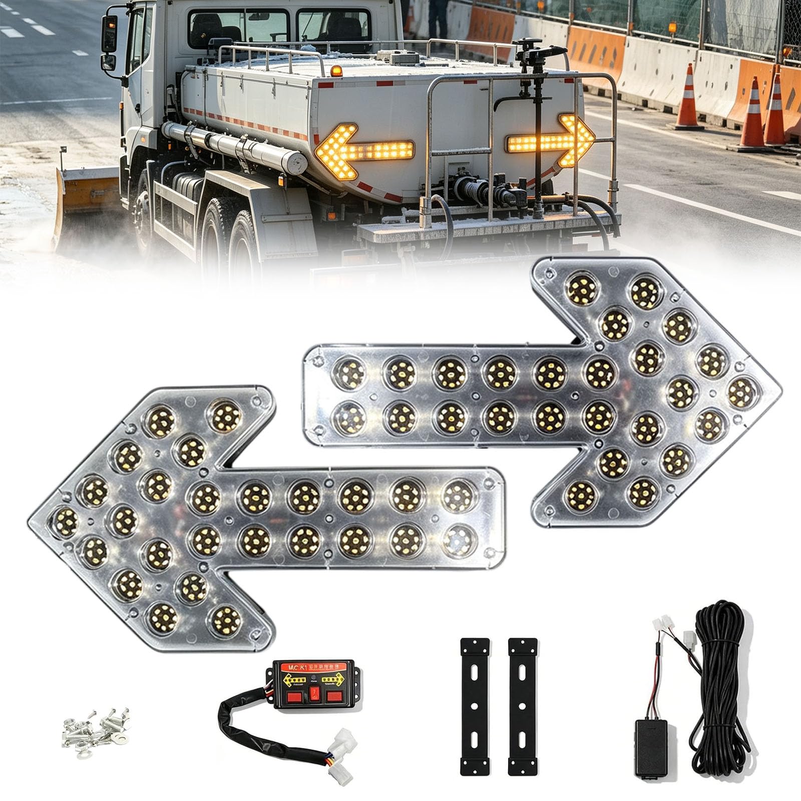 35 CM Señal Piloto de Flecha LED de 12V-24V, Resistente al Agua, 208 LED | Frecuencia de Parpadeo: 60-100 veces/minuto, Incluye Accesorios de Instalación, para Carrito De Riego, Barredora