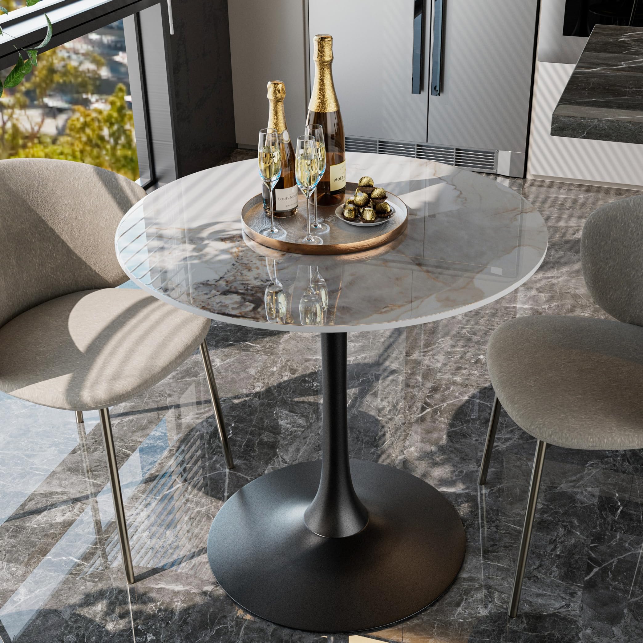 Sintered Stone Round Bar Table: 76cm Dia Marble Tabletop with Ink Painting Pattern 78cm Tall Black Leg Bar Cocktail Table Bar Furniture for Home Kitchen,Pub,Coffee Shop,Office, Apartment