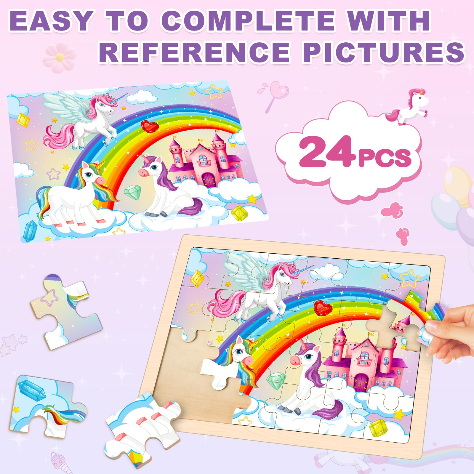 Einhorn und Meerjungfrau Holzpuzzle Feen für Kinder von 4-6 Jahren, 4 Packungen Reisepuzzle für Kinder von 2-4 Jahren, Vorschule Lernaktivitäten, Spielzeug für Kinder von 2-4 Jahren