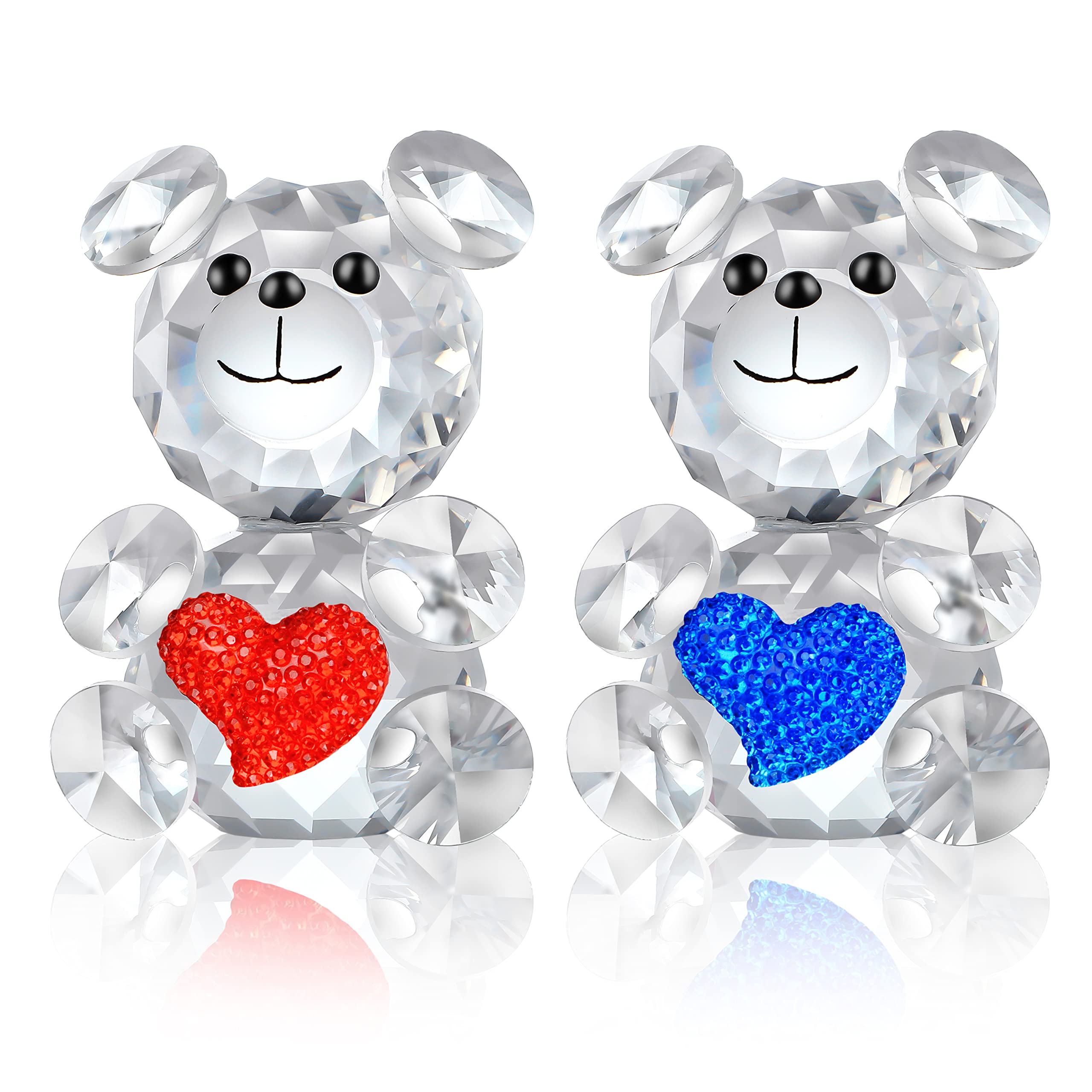 H&D HYALINE & DORA 2PCS Cut Crystal Bear Animal Figurine,Glass Animal Collection Table Ornament (Red Blue)