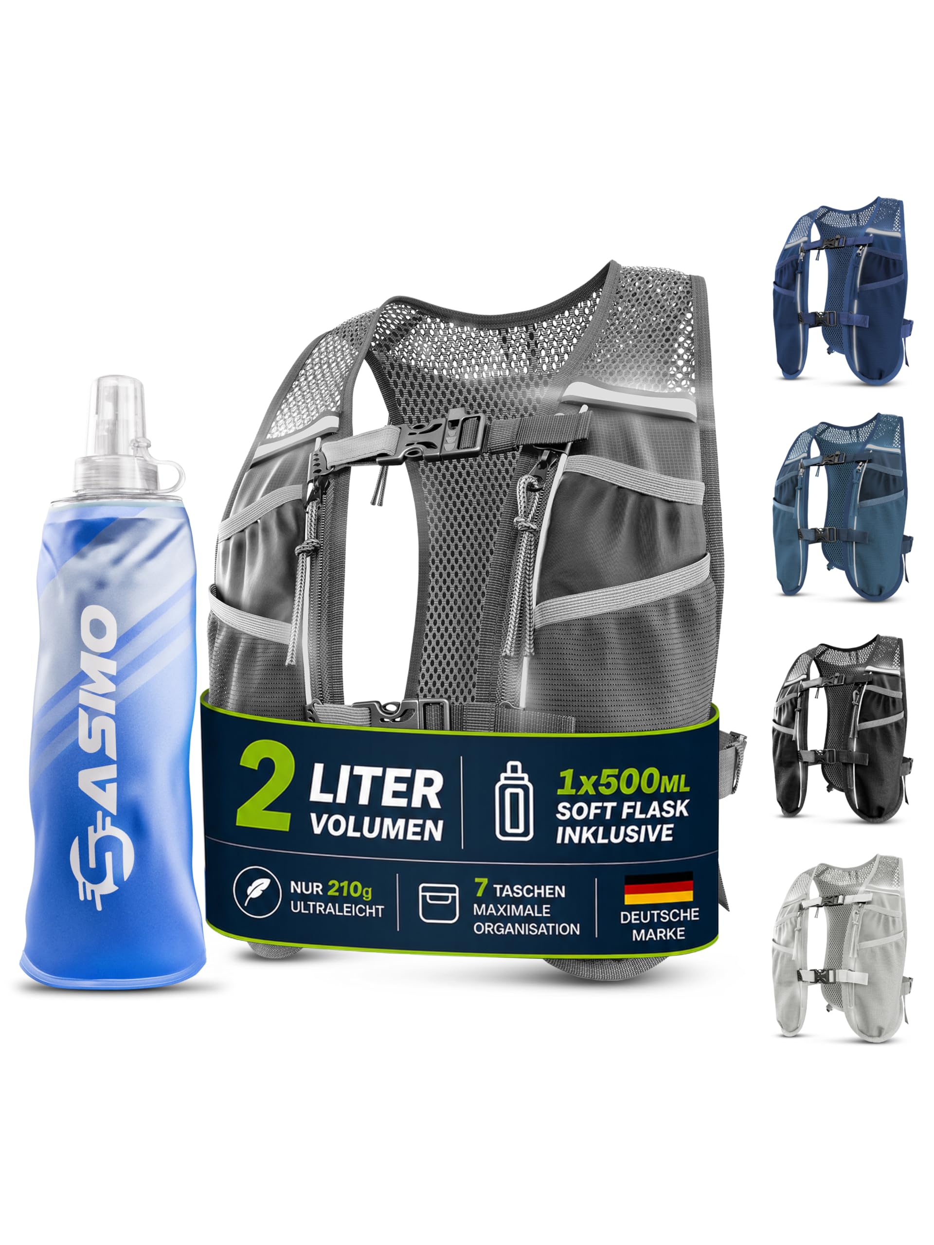 SASMO® Laufweste Damen & Herren 5L / 2L | Running Vest - Ultraleicht & atmungsaktiv| Laufrucksack Damen - 8 Taschen | Laufweste Herren | Trinkweste Laufen