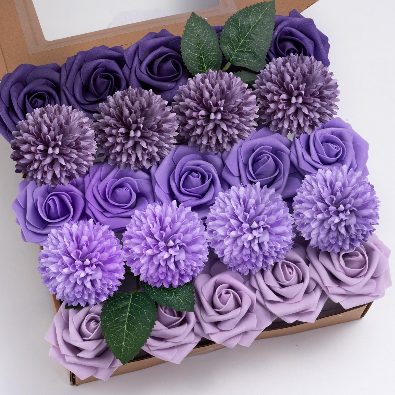 Purple Flower Artificial Roses Faux Flowers with Stems Mix Fake Roses Dahlia Chrysanthemum Ball for Wedding Bridal Bouquets, Table Centerpieces, Baby Shower, Party, Home Decorations