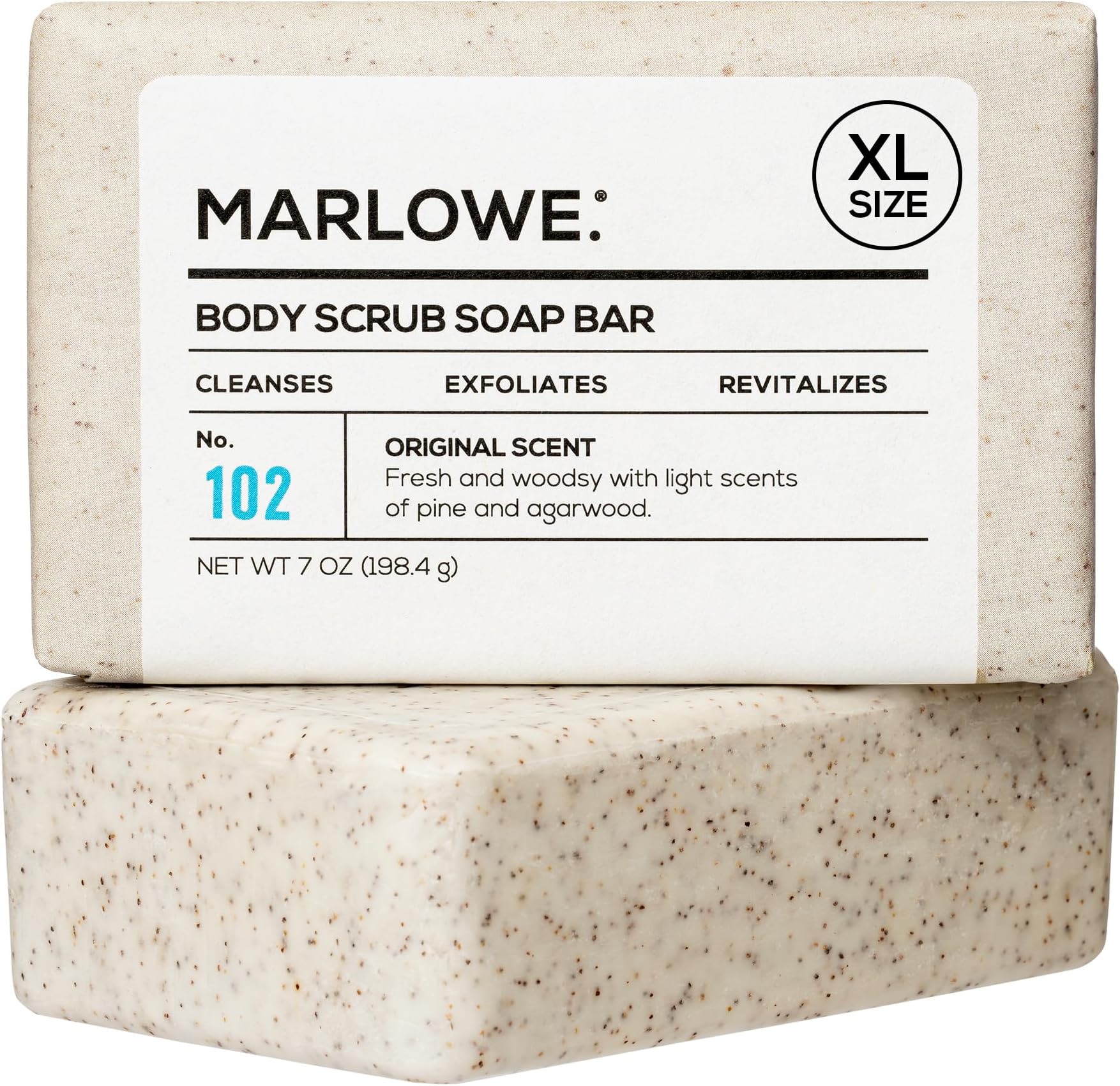 MARLOWE. No. 102 Body Scrub Soap 7 oz, Exfoliating Soap Bar with Shea Butter, Olive Oil & Green Tea Extracts, Cleanses, Smooths & Revitalizes Skin, Original Sage & Fir Scent