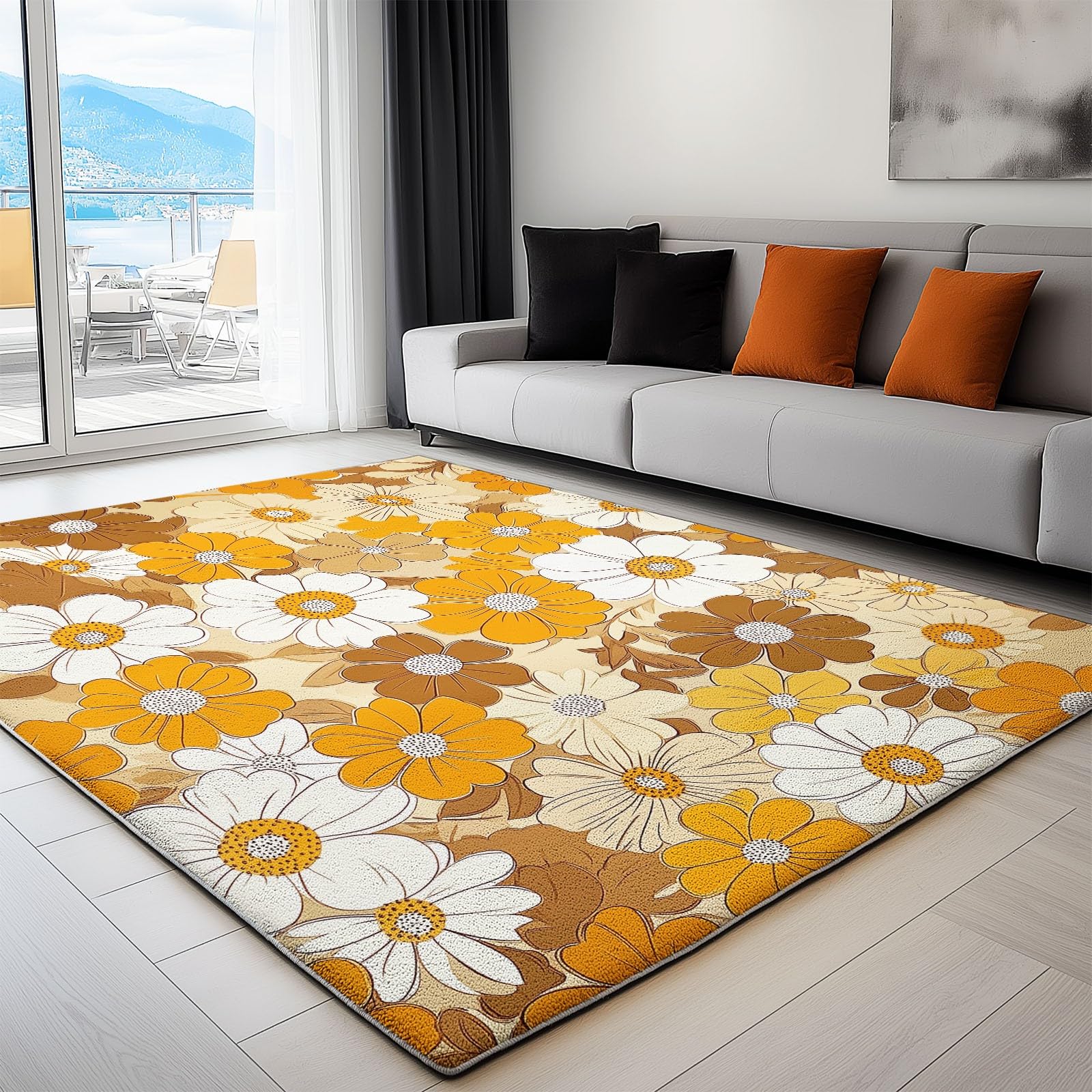 Tapis Couloir Long Moderne Motif Fleurs De Mode Vintage, Orange Blanc Tapis de Passage À Poil Court Doux, Tapis de Couloir, Antidérapant Et Lavable, Tapis Salon Chambre Adulte 80 x 150 cm