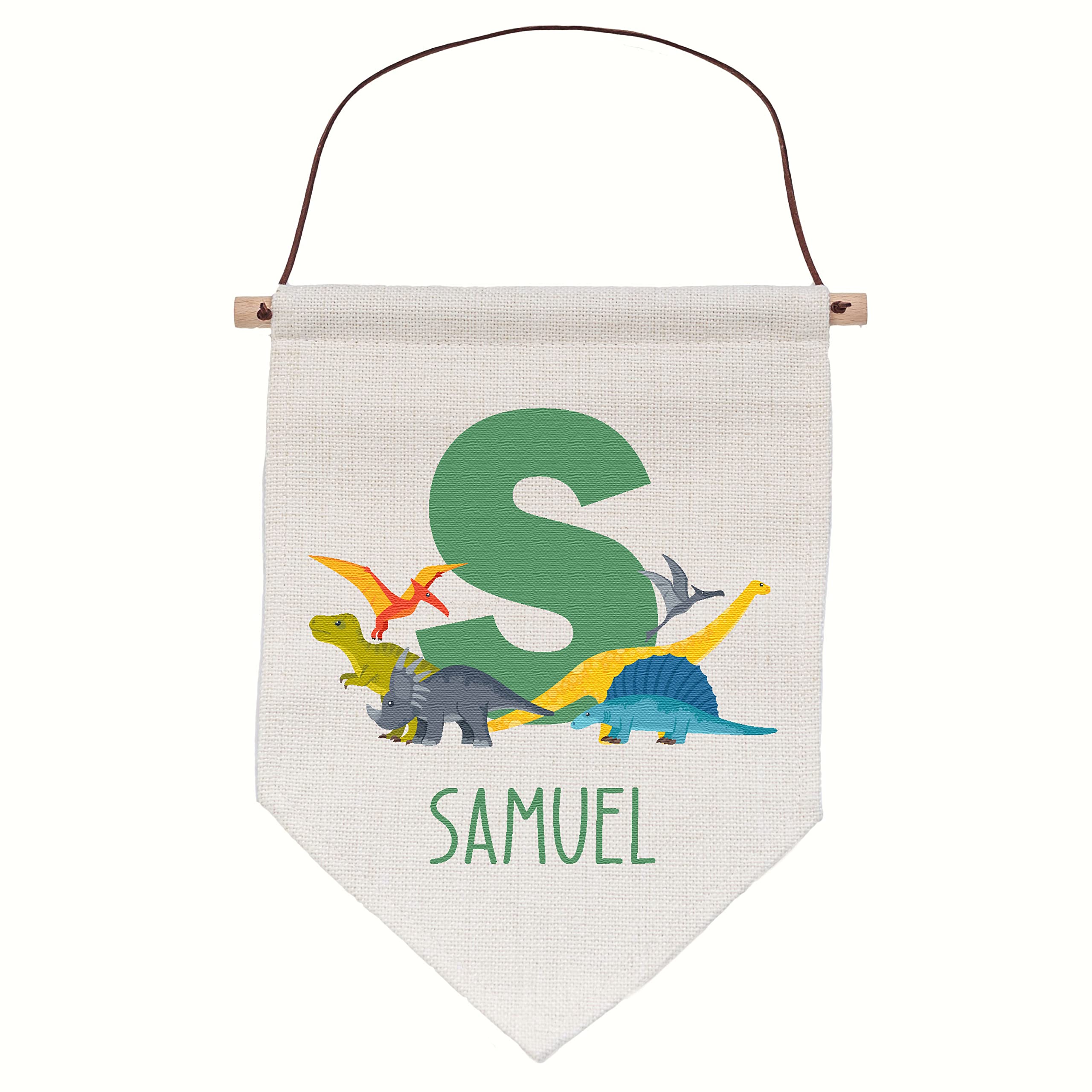 Personalised Linen Flag | Dinosaur Bedroom Nursery Wall Art Decor with Custom Kids Name | Choice of Colour Profile