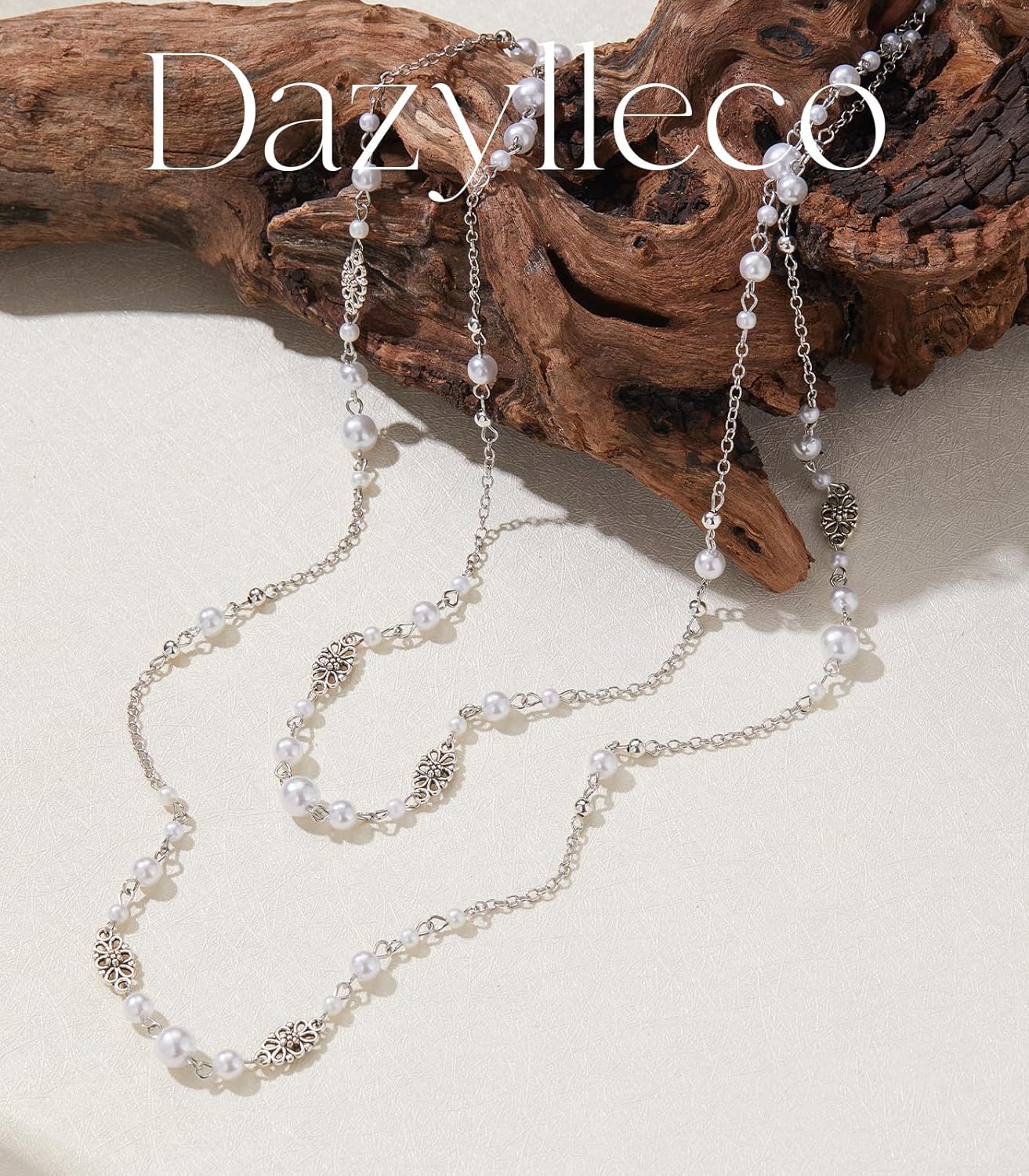 Long Beaded Silver Necklaces for Women Layered Long Statement Necklace with Stone Pearl Beads Double Sweater Chain Costume Jewelry for Women - Image 2