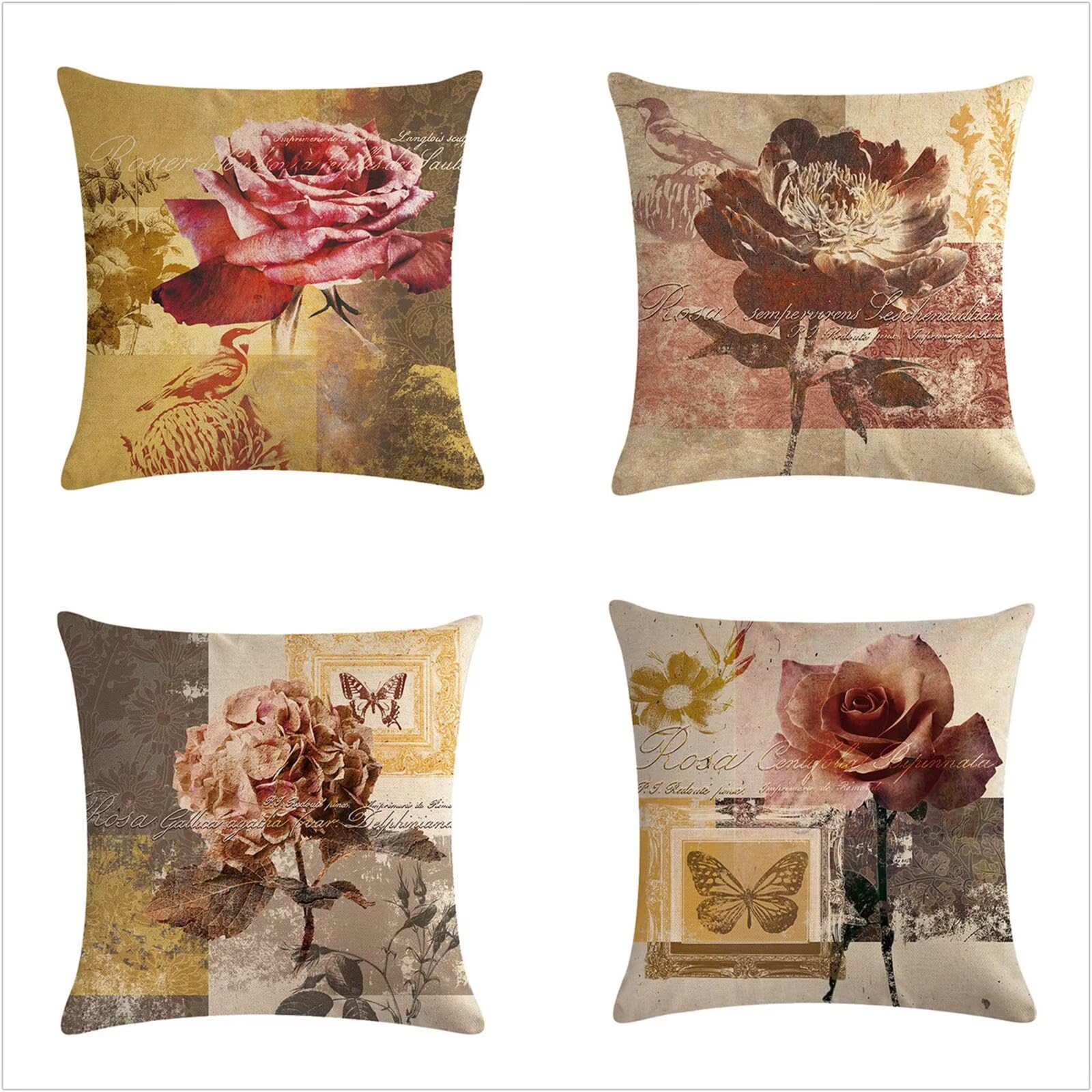 Juego de 4 Impermeable Funda de Cojín Flores Retro,45x45cm Moderno Suave Transpirables Lino Fundas de Almohada Cojines Decorativos con Cremallera Oculta para Exterior Sofá Cama Coche Hogar