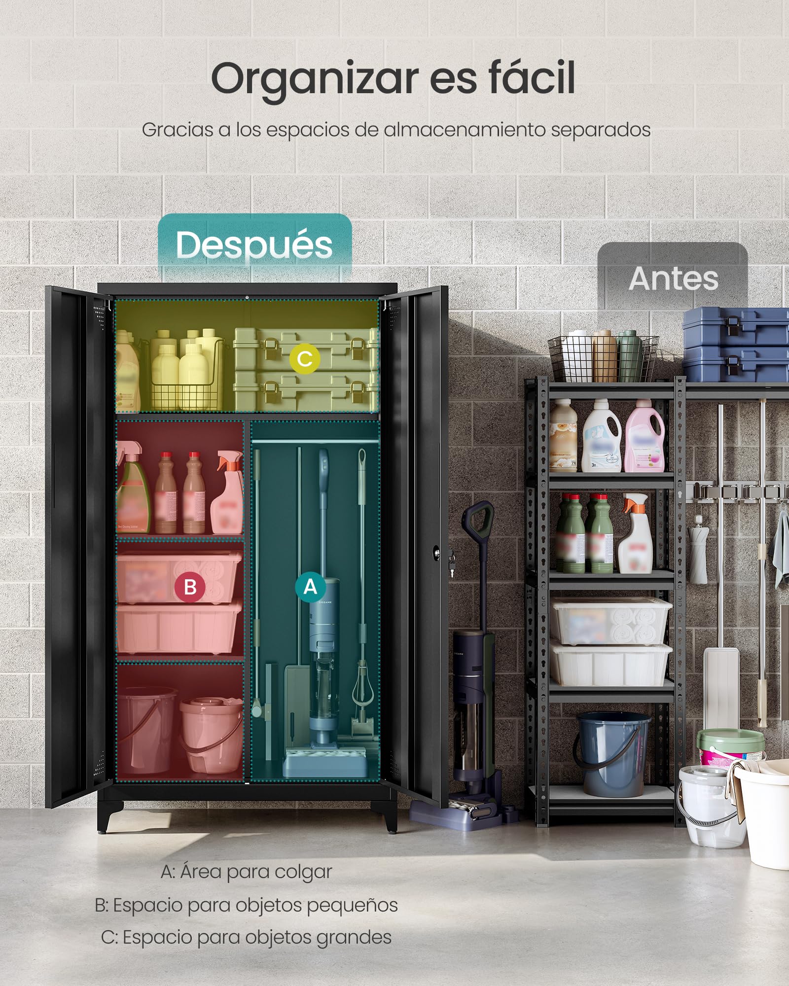 SONGMICS Armario, Mueble de Almacenamiento Metálico, con 2 Puertas, 5 Compartimentos, Barra para Perchas, con Cerradura, Patas Altas, 80 x 40 x 165 cm, Negro Mate OMC018BD01