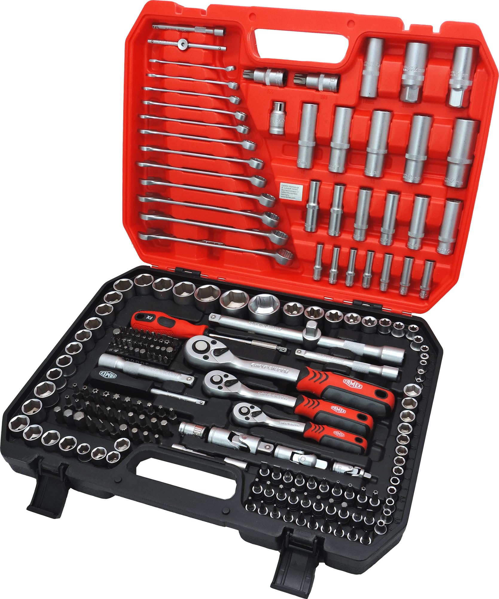 FAMEX 419-51 - Maletín de herramientas profesional de aluminio con 219 piezas, juego de llaves tubulares - Juego de herramientas de alta calidad para uso comercial - Maletín de aluminio grande - Caja