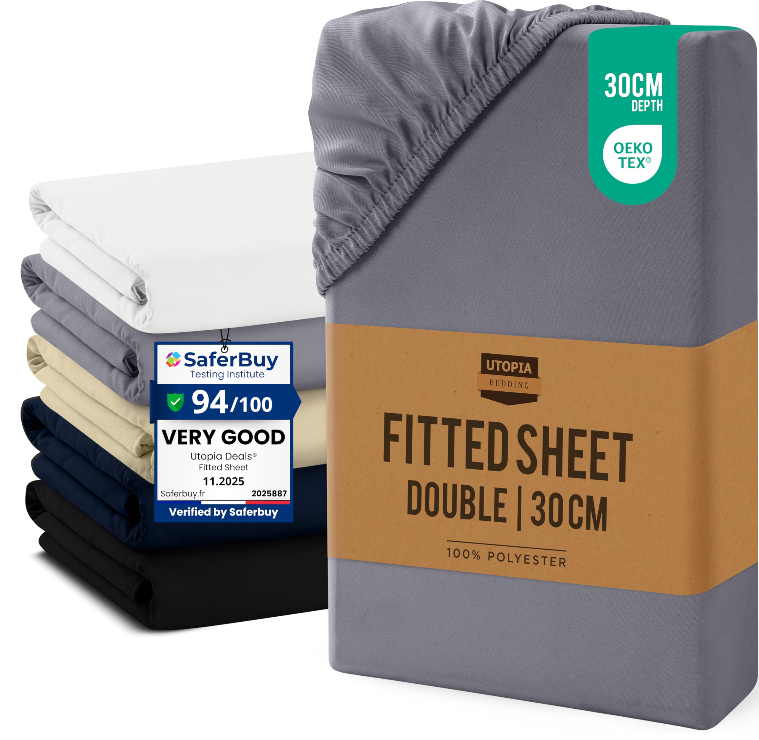 Utopia Bedding Double Fitted Sheet, Grey - Up to 12 Inch (30cm) Deep - Easy Care - Soft Brushed Microfibre Fabric - Shrinkage and Fade Resistant - Oeko-Tex Certified - Bottom Sheet