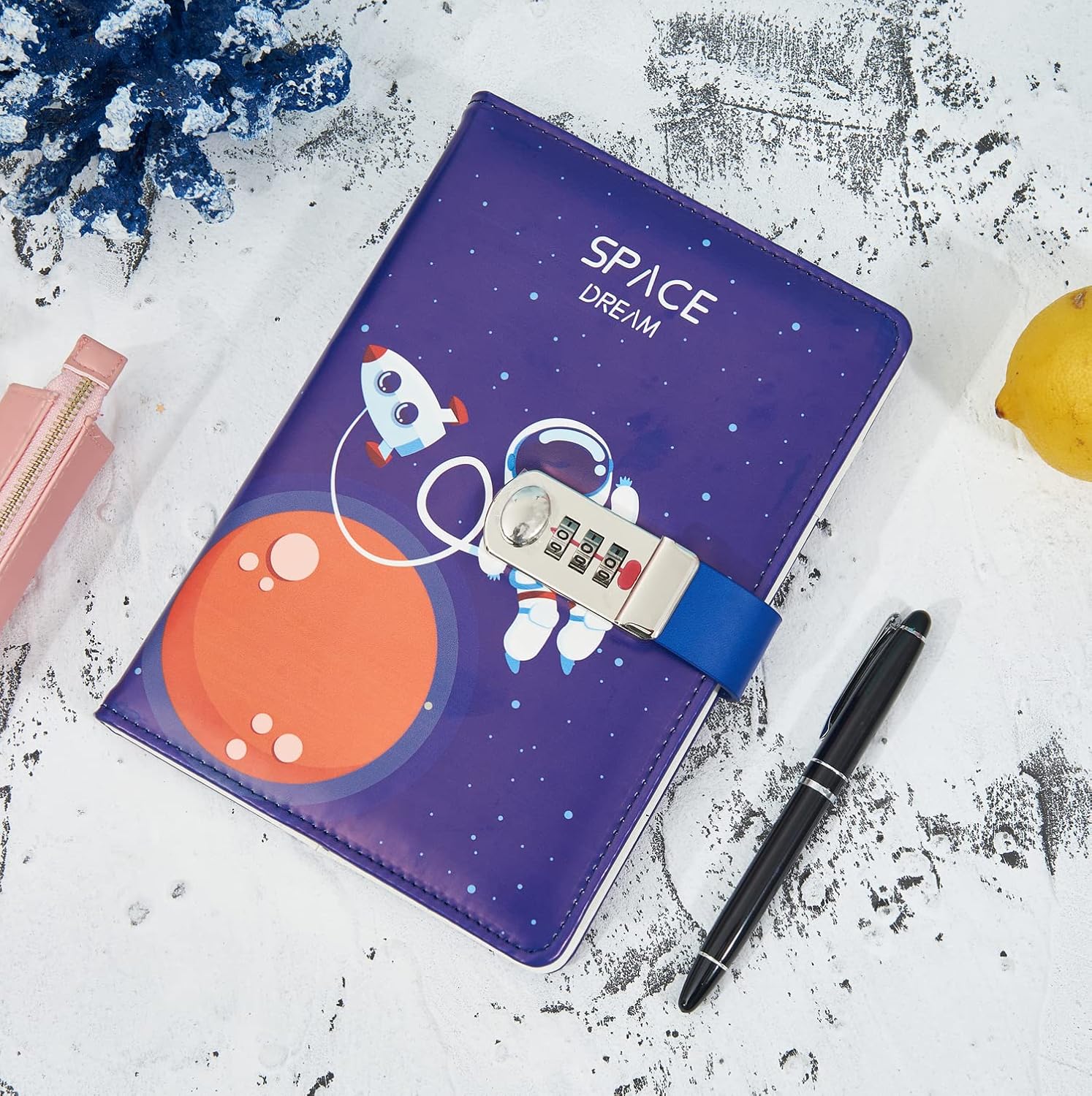 NectaRoy A5 Lockable Diary Travel Journal, PU Leather Space Astronaut Pattern Password Notebook Sketchbook - Image 4