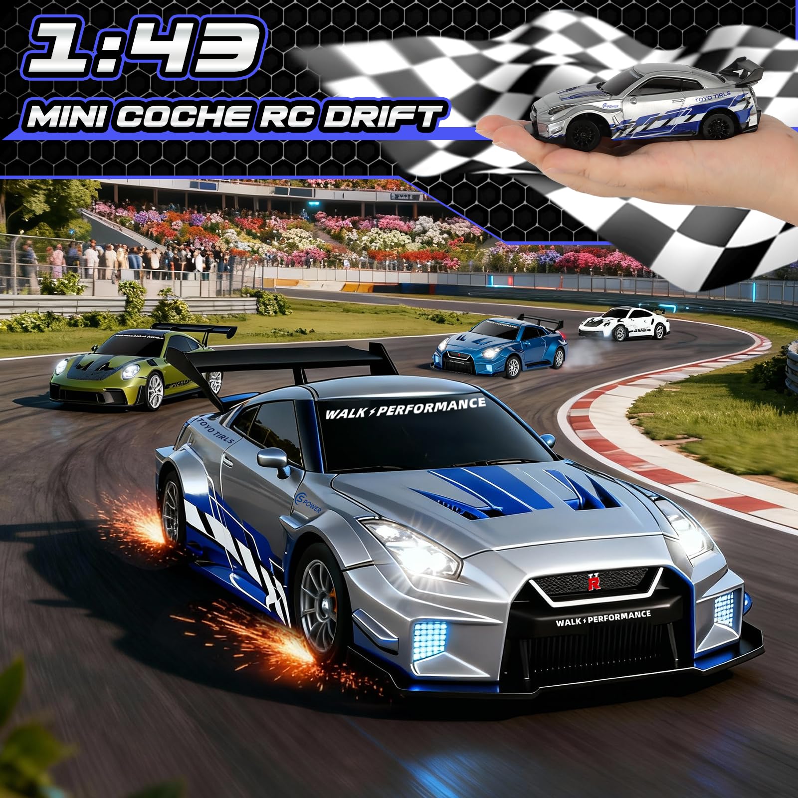 YOOHBERRYS Coche RC Drift Pro, 1:43 Mini RC Drift Car, 4WD Coche Radiocontrol con Giroscopios y Luces LED, 15km/h, Coche Teledirigido de Juguete para Niños de 14+ Años (Gris)