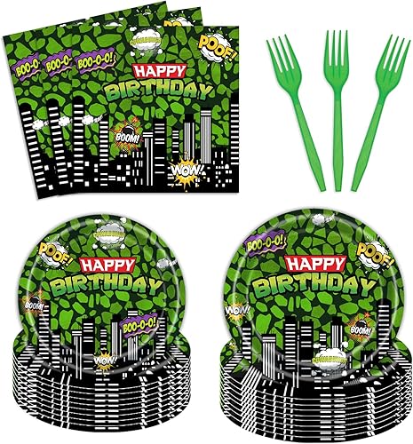 Juego de 96 platos y servilletas para fiesta de cumpleaños de superhéroes ninja, diseño de cómics verdes, edificios de paisaje urbano, suministros