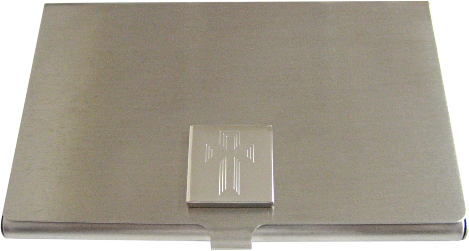 Silver Toned Etched Triple Cross Business Card Holder
