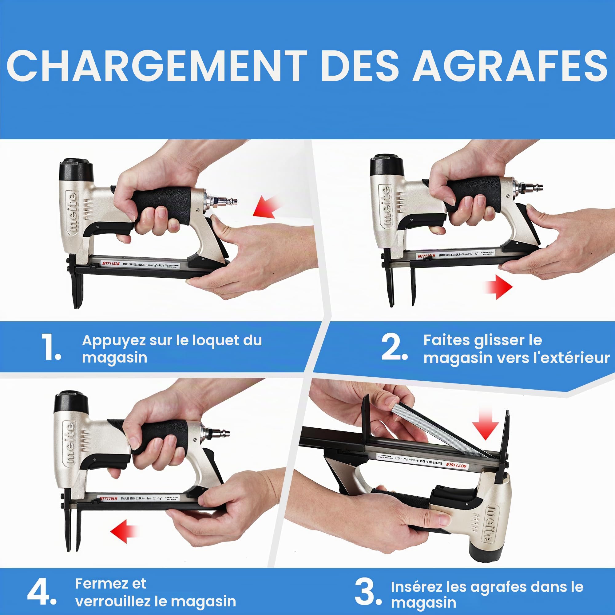 meite MT7116LN Agrafeuse Pneumatique Bec Long, Utilise des Agrafes de Type 71, Agrafes 6 à 16 mm, Couronne 9,1 mm – Pression de Travail 5-7 bar – Agrafeuse Pneumatique Pour Meubles et Travail du Bois