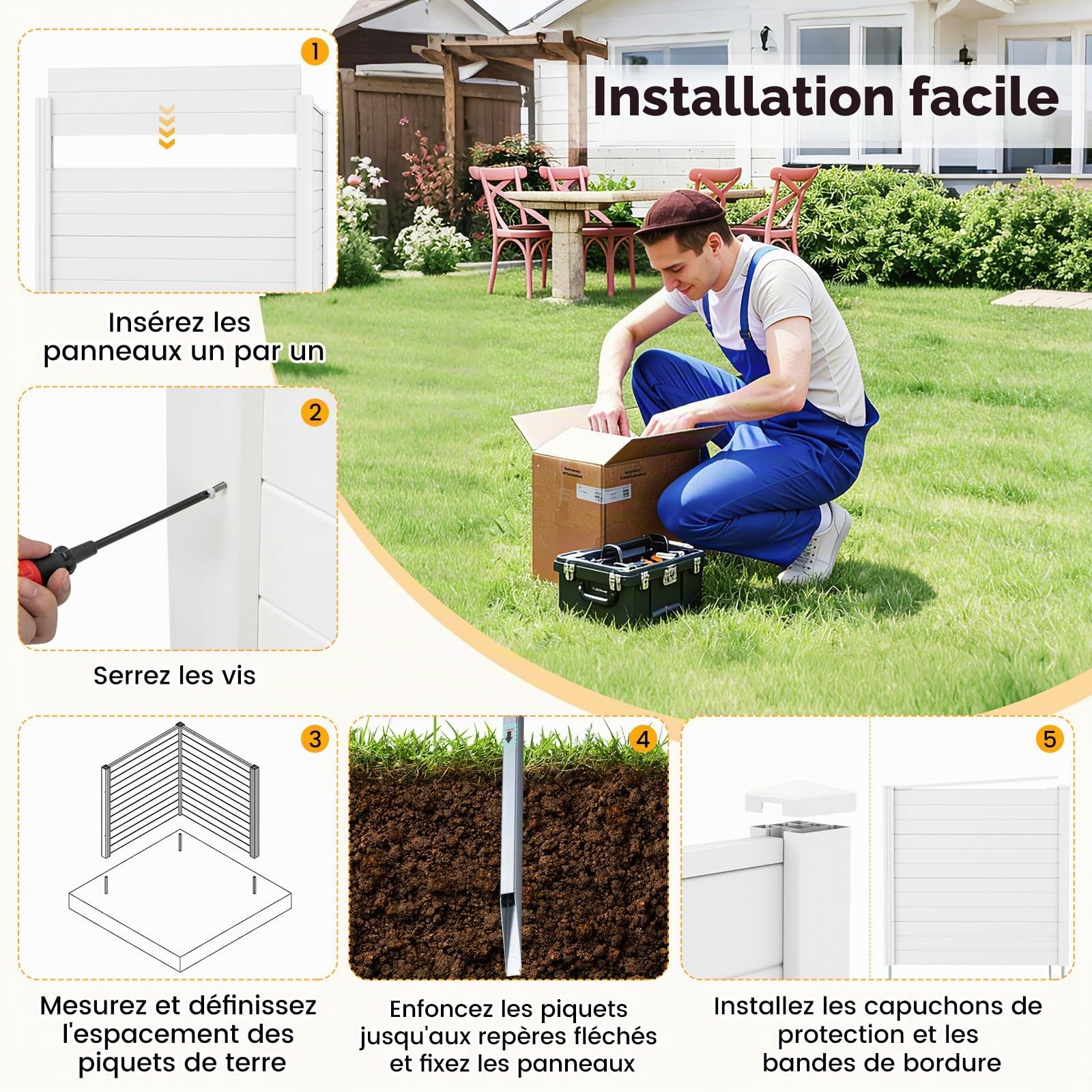 COSTWAY Clôtures de Jardin 123 x 123 cm avec Piquets de Sol (Blanc)