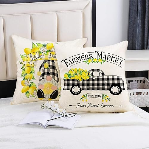 Miniatura 4 de Hexagram Lemon Farmhouse - Juego de 4 fundas de almohada de verano de 16 x 16 pulgadas, fundas de almohada de lino a cuadros de búfflao, diseño