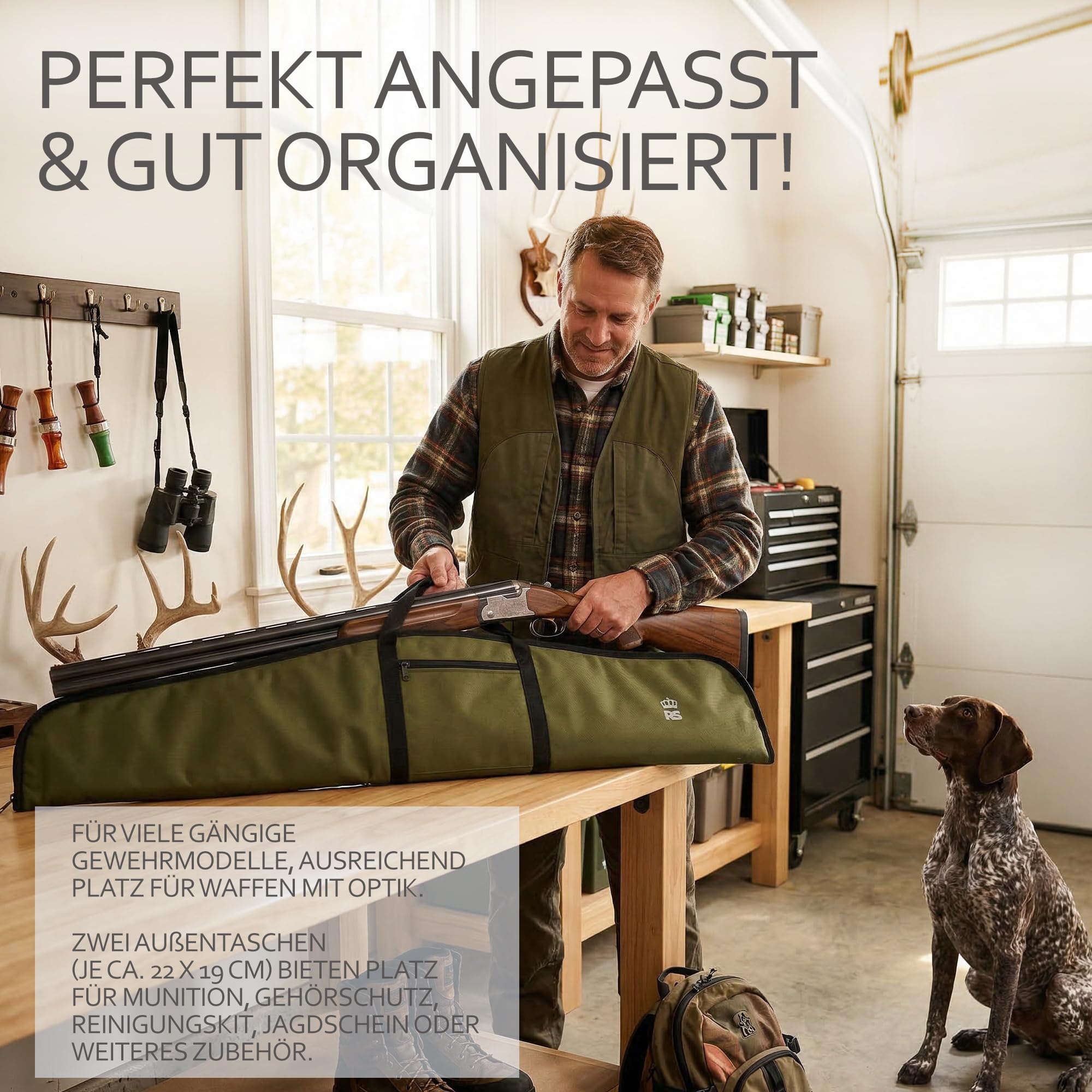 Rawstyle Waffentasche 135 cm gepolstert – Gewehrtasche für Luftgewehr oder Jagdgewehr mit Zielfernrohr – Wasserabweisende Transporttasche mit Schulterriemen + 2 Außentaschen