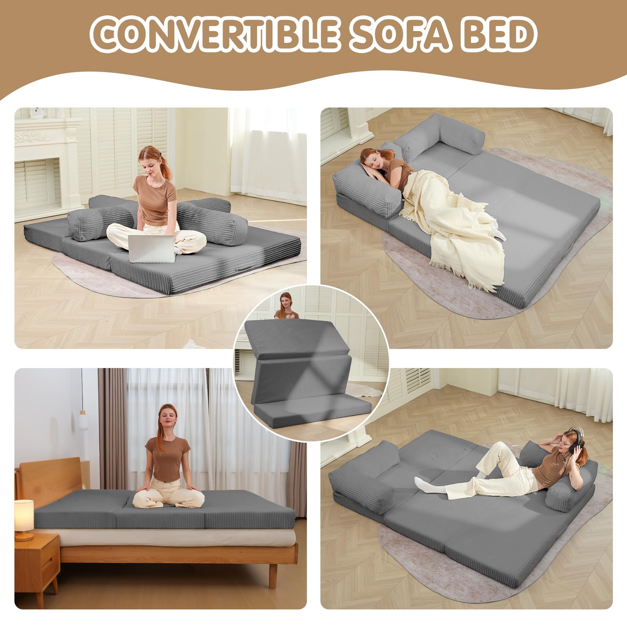 5-in-1 Convertible Sofa Bed,60" Boneless Couch Tri Folding Floor Mattress with Removable L-Shaped Armrests & Handle,Corduroy Futon Couch Sleeper with Pull Out Bed for Living Room Bedroom Apartment