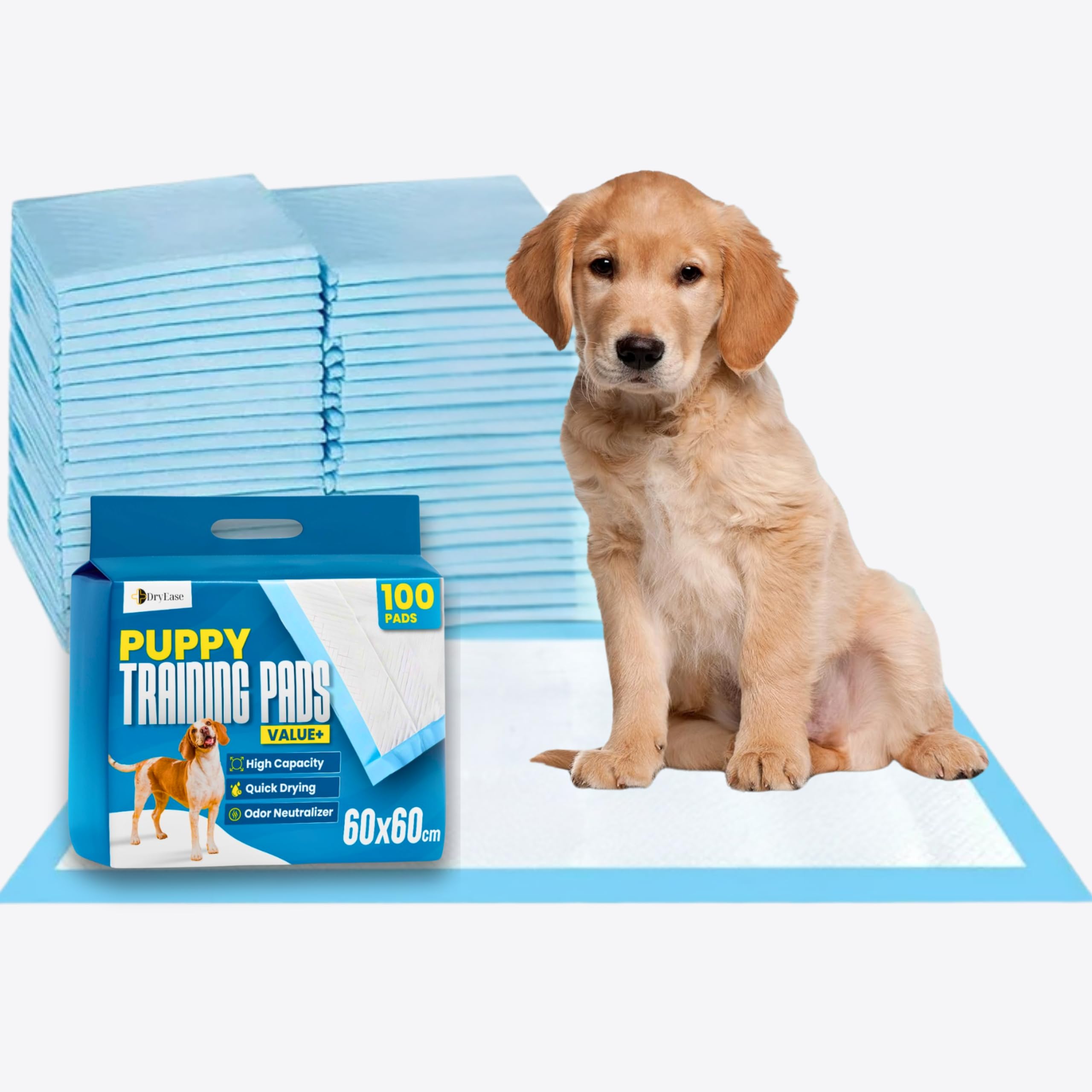 100 x DryEase Large Puppy Pads 60x60cm Disposable Puppy Training Pads | Highly Absorbent Leak-Proof Dog Training Pads | Premium Quality Quick-Dry Dog Pads (60x60cm - 100 Count).