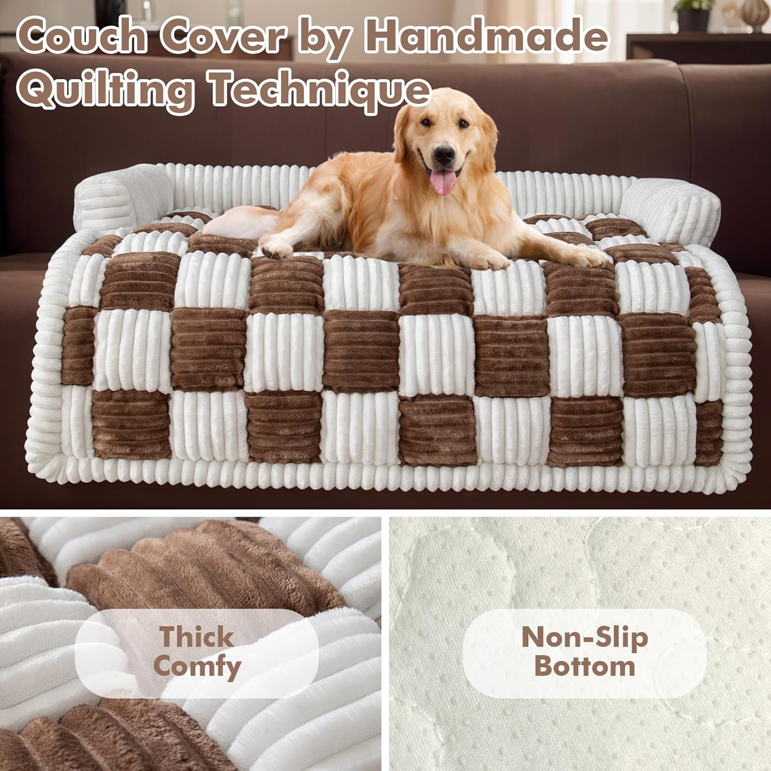 LiveGo Fuzzy Pet Couch Covers for Sofa, Dog Couch Cover Fuzzy Sofa Cover Cream Square Plaid Dog Bed Plush Dog Mat for Furniture Protector for Large Medium Dogs and Cats