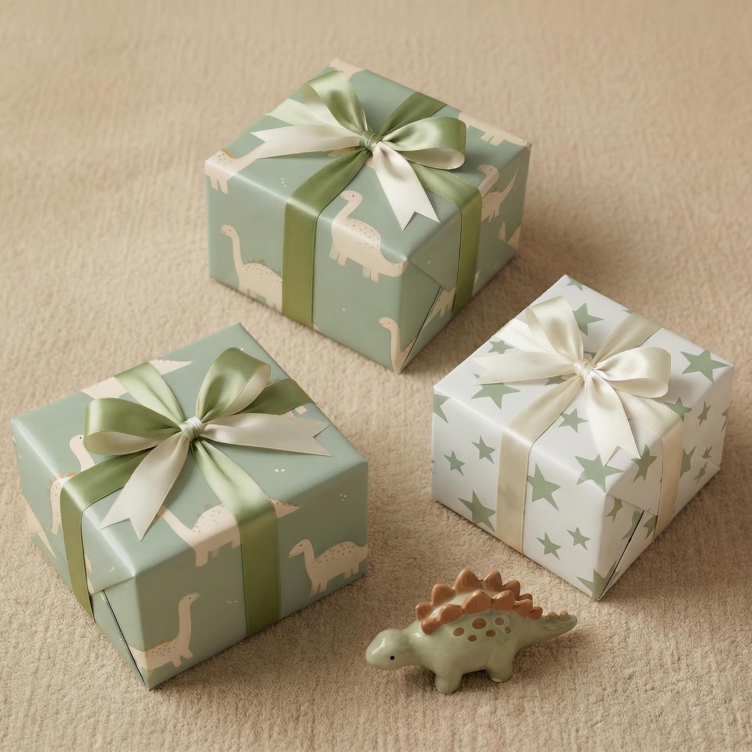 SaringSwoon Sage Green Baby Shower Wrapping Paper Roll for Kids Boys Girls - Reversible Gift Wrap With Cute Dinosaur and Star Design for Baby Shower, Birthday - 17.5 Inches * 16.5 Ft