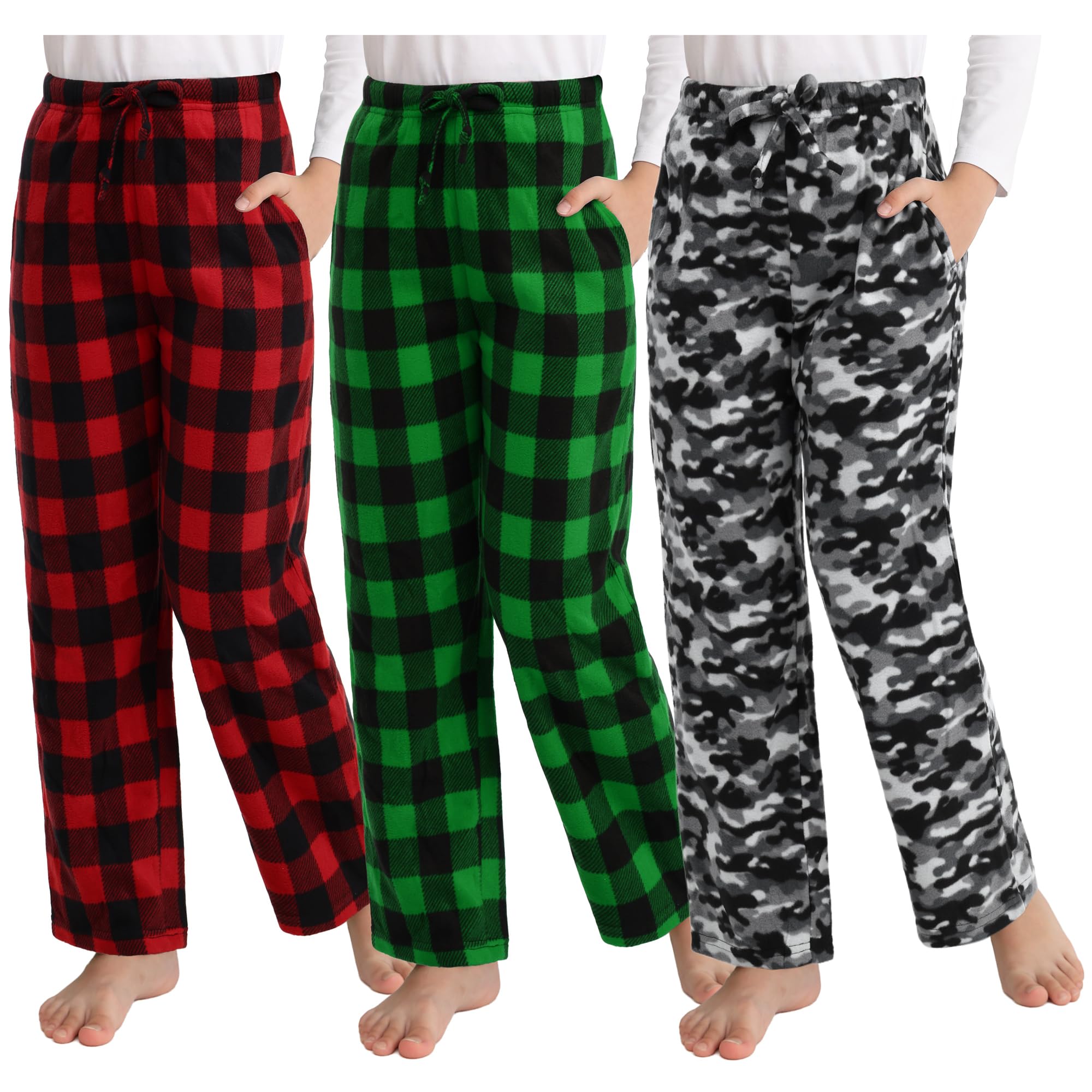 Motarto 3 Pack Boys Long Bottoms Soft Microfleece Pants with Pockets Printed Plaid Pants for Kids Size 6-16 Years
