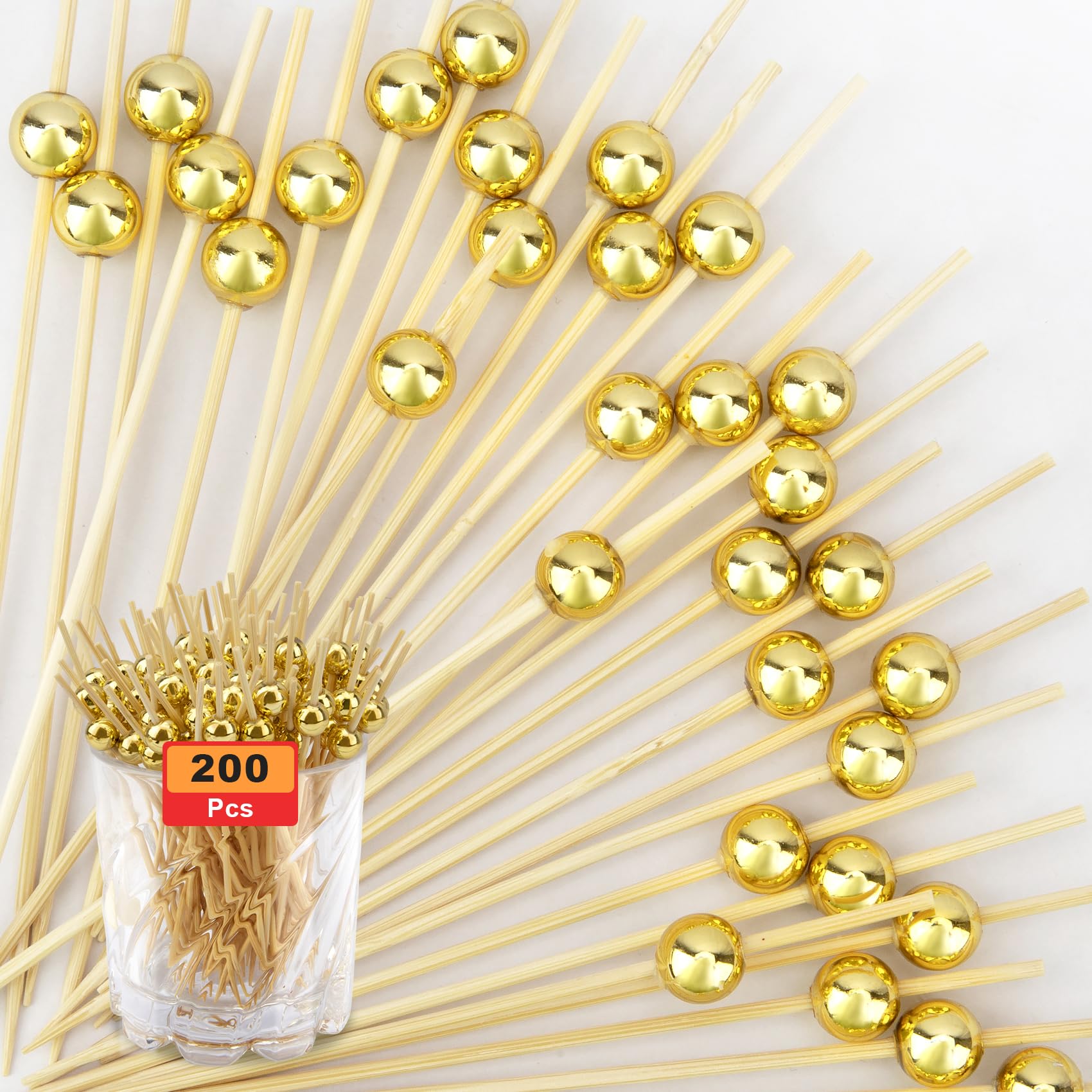 Cocktail Picks 200PCS, Toothpicks for Appetizers, Fancy Tooth Picks, 4.7 Inches Skewers for Fruit Kabobs, Gold Party Supplies, Bamboo Sticks for Fruit