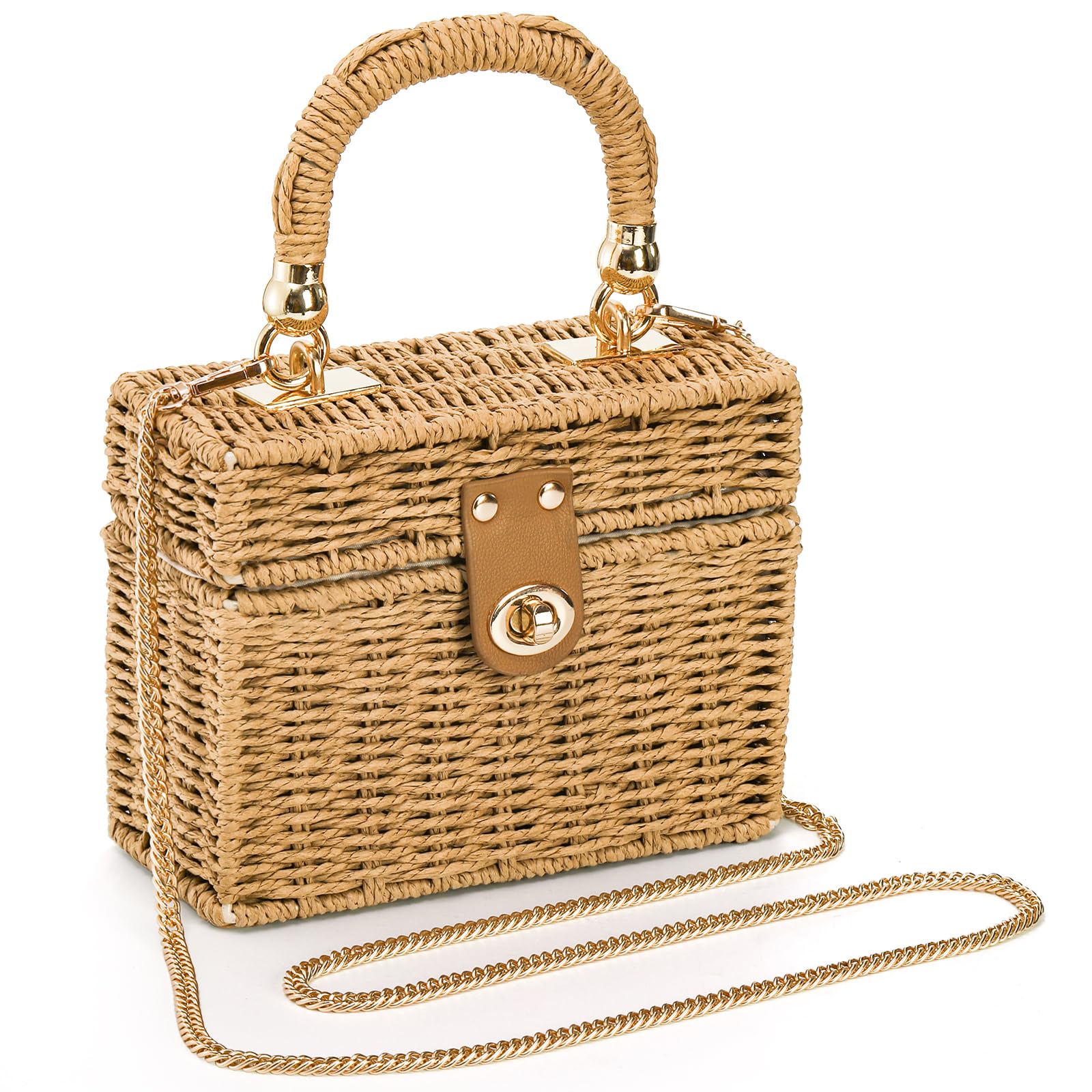 Noamus Square Straw Handbag, Vintage Women's Wicker Basket Bag, Handmade Rattan Crossbody Bag, Boho Tote Bag with Detachable Shoulder Strap for Summer Beach Casual Vacation Chic